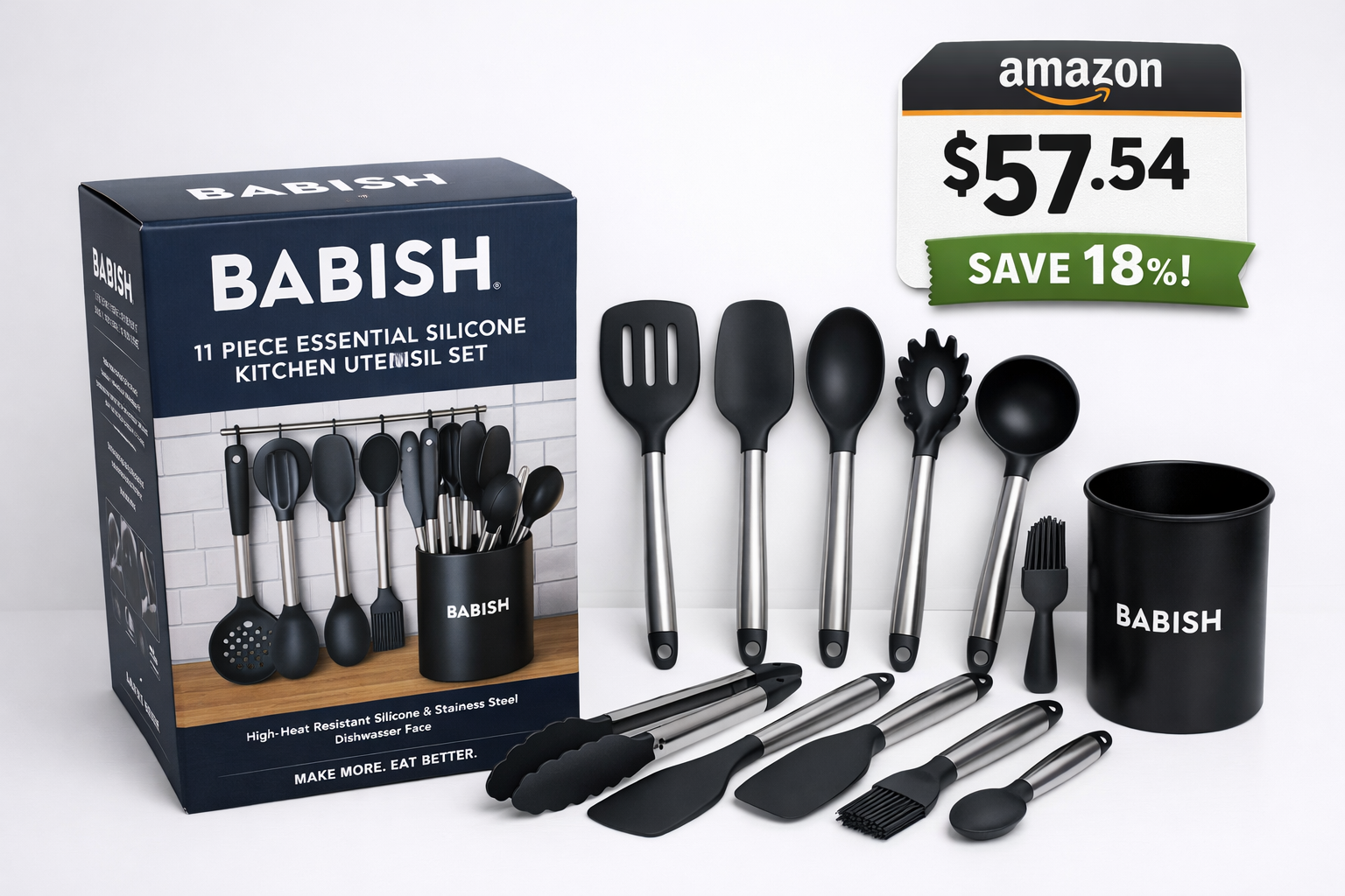 Detailed showcase of Babish 11 Piece Essential Silicone and Stainless Steel Kitchen Utensil Set highlighting pricing and value — product box displayed prominently with Amazon price tag showing $57.54 and 18% savings badge, set arranged beside the packaging on a clean white background with the Babish logo visible 