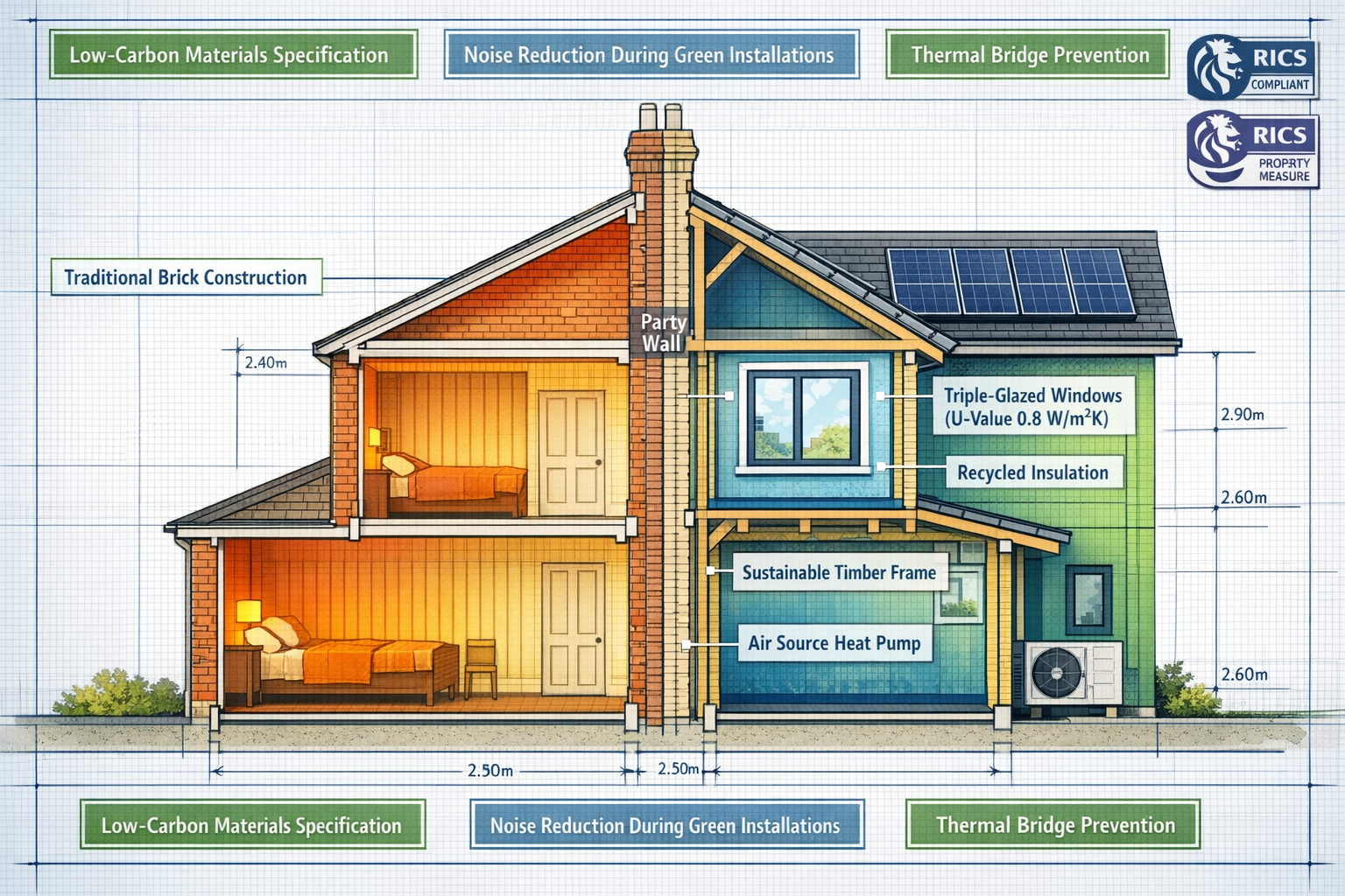 Detailed () architectural cross-section illustration showing party wall between two semi-detached properties during