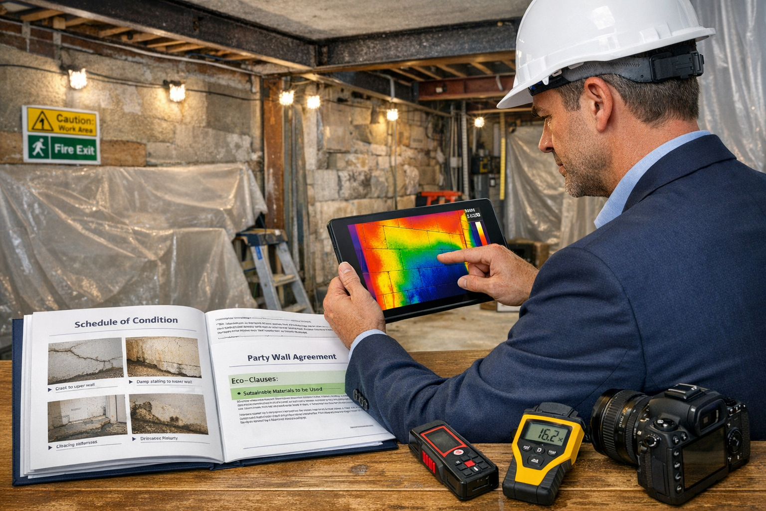 Detailed () professional photograph of RICS chartered surveyor conducting party wall inspection with modern technology.