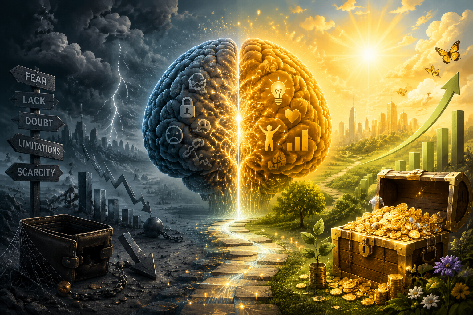 () conceptual illustration showing two contrasting brain hemispheres - left side depicts scarcity mindset with dark storm