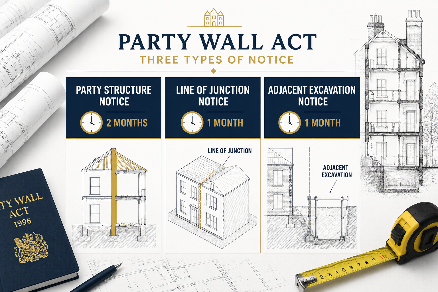 Detailed () infographic-style illustration showing three distinct Party Wall Act notice types as vertical columns: 'Party