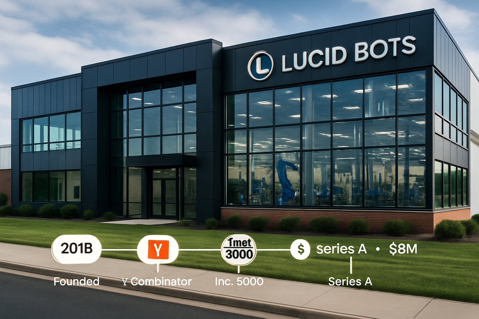 Detailed landscape image (1536x1024) showing Lucid Bots company headquarters building in Charlotte, North Carolina with modern industrial ar