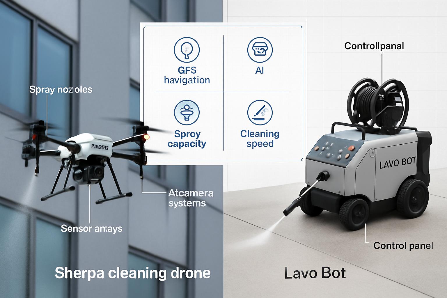 Comprehensive landscape image (1536x1024) displaying side-by-side comparison of Sherpa cleaning drone and Lavo Bot pressure washing robot. L