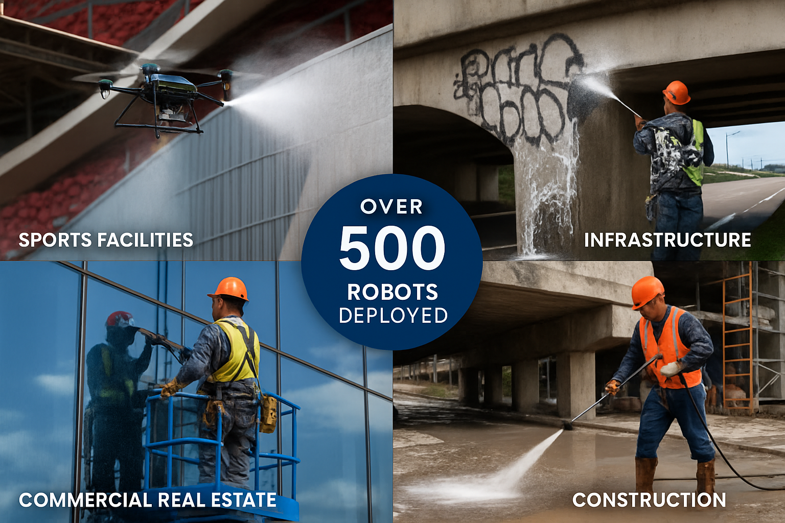 Dynamic landscape image (1536x1024) showing real-world applications split into four quadrants: top left shows Sherpa drone cleaning stadium 