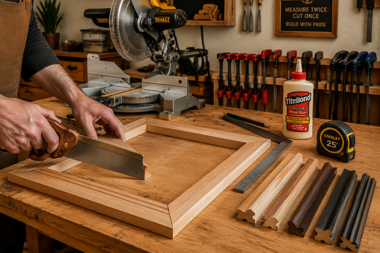 Detailed () image showcasing a beautifully organized woodworking bench with essential picture framing tools laid out: a