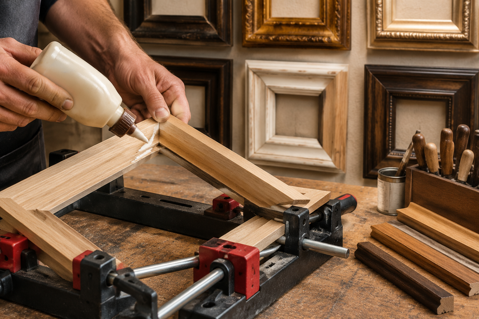 Detailed () image focusing on the assembly and finishing stages of a custom wooden picture frame. A close-up shot of hands