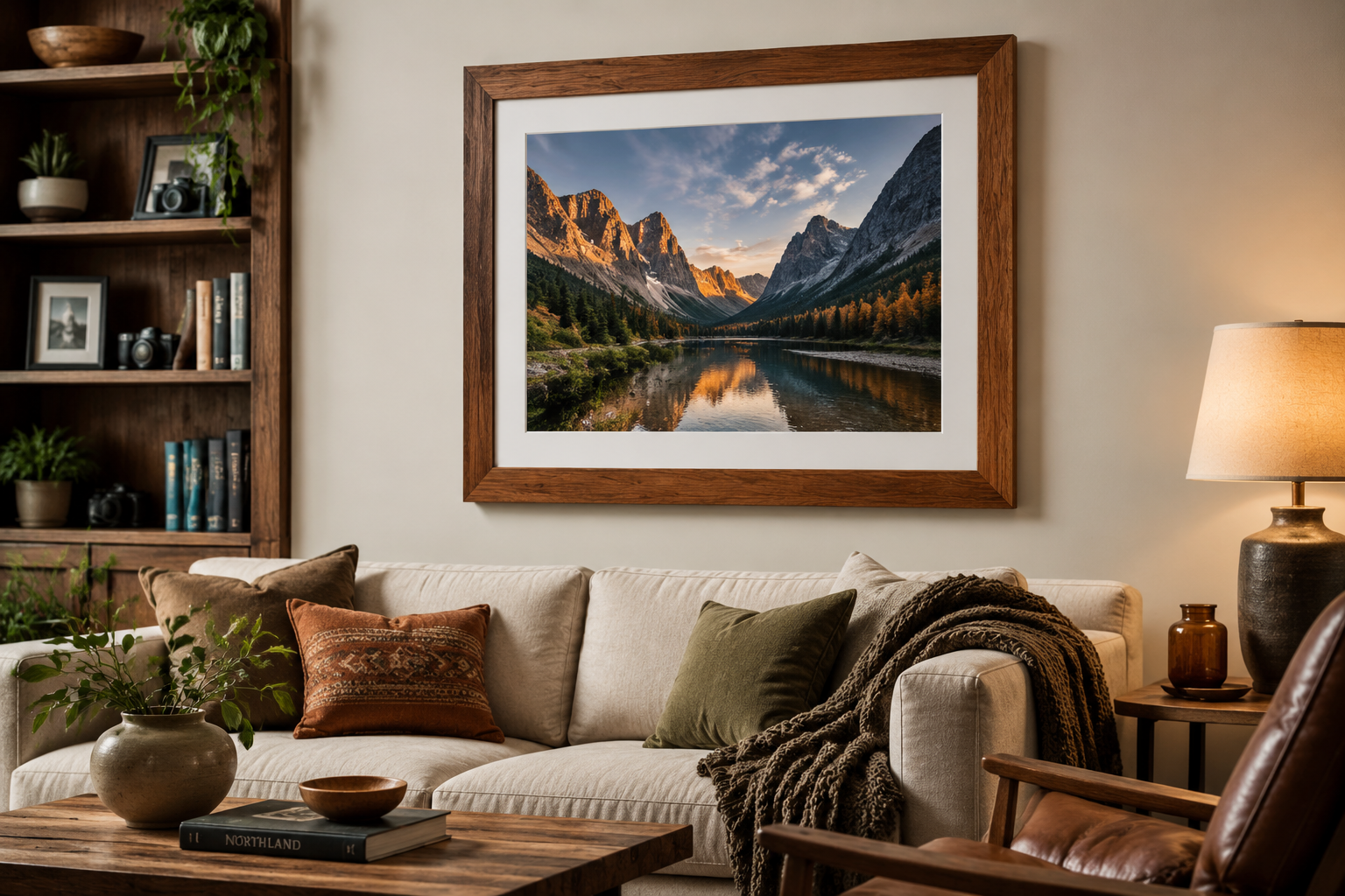 Detailed () image depicting the integration of a custom wooden frame into a home setting. A beautifully framed piece of art
