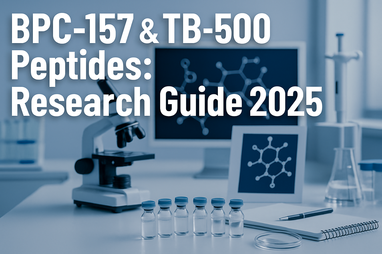 Professional landscape hero image (1536x1024) featuring bold text overlay 'BPC-157 & TB-500 Peptides: Research Guide 2025' in extra large 72