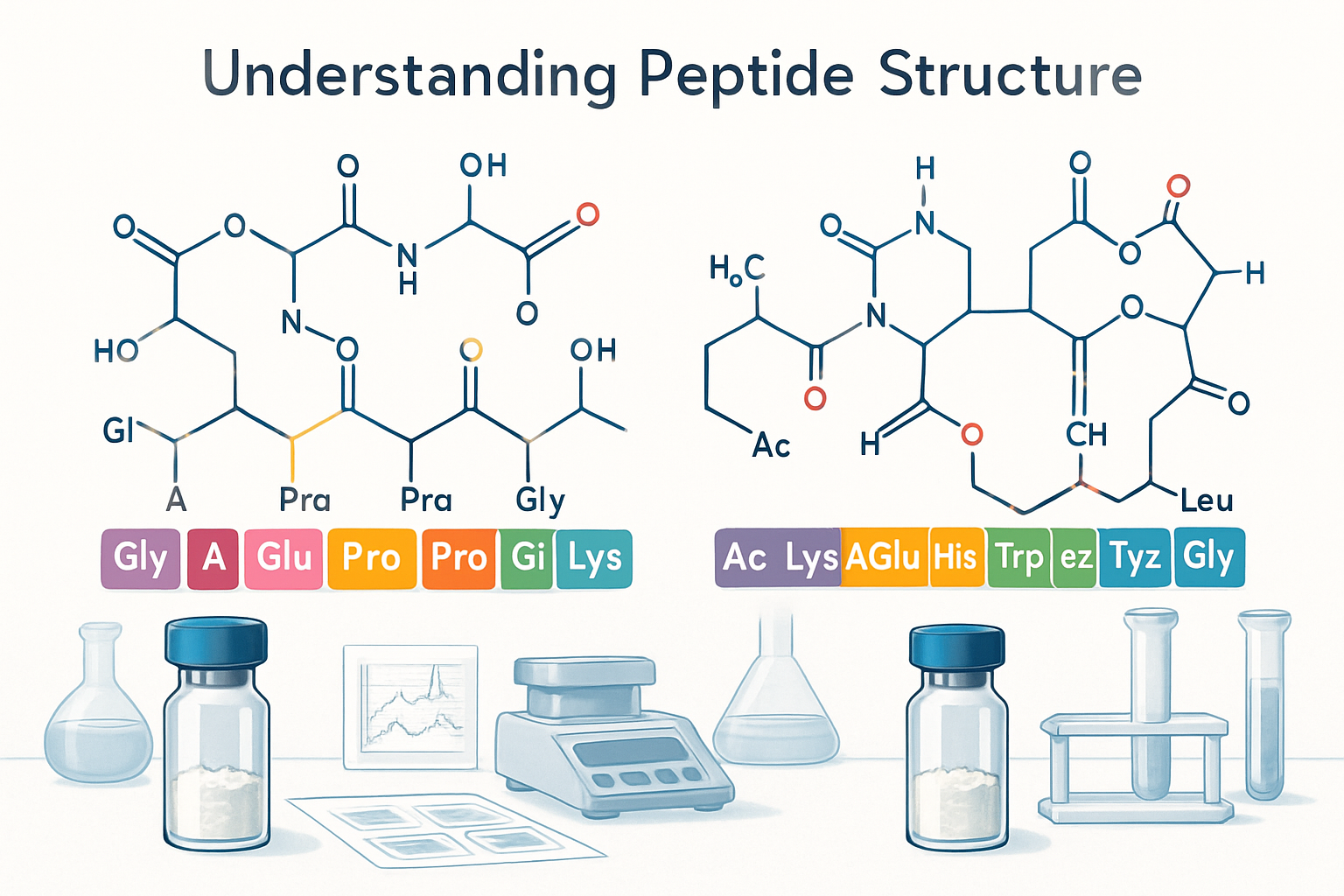 Detailed scientific illustration showing BPC-157 and TB-500 peptide molecular structures side by side, with amino acid sequences highlighted