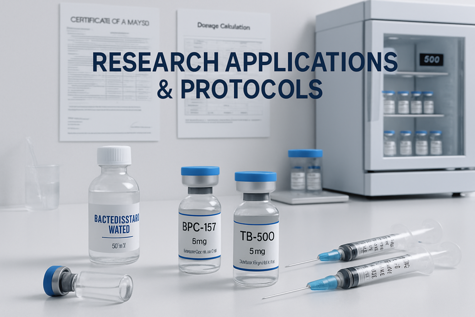 Professional research laboratory scene featuring peptide reconstitution process with sterile vials, bacteriostatic water, and precision syri