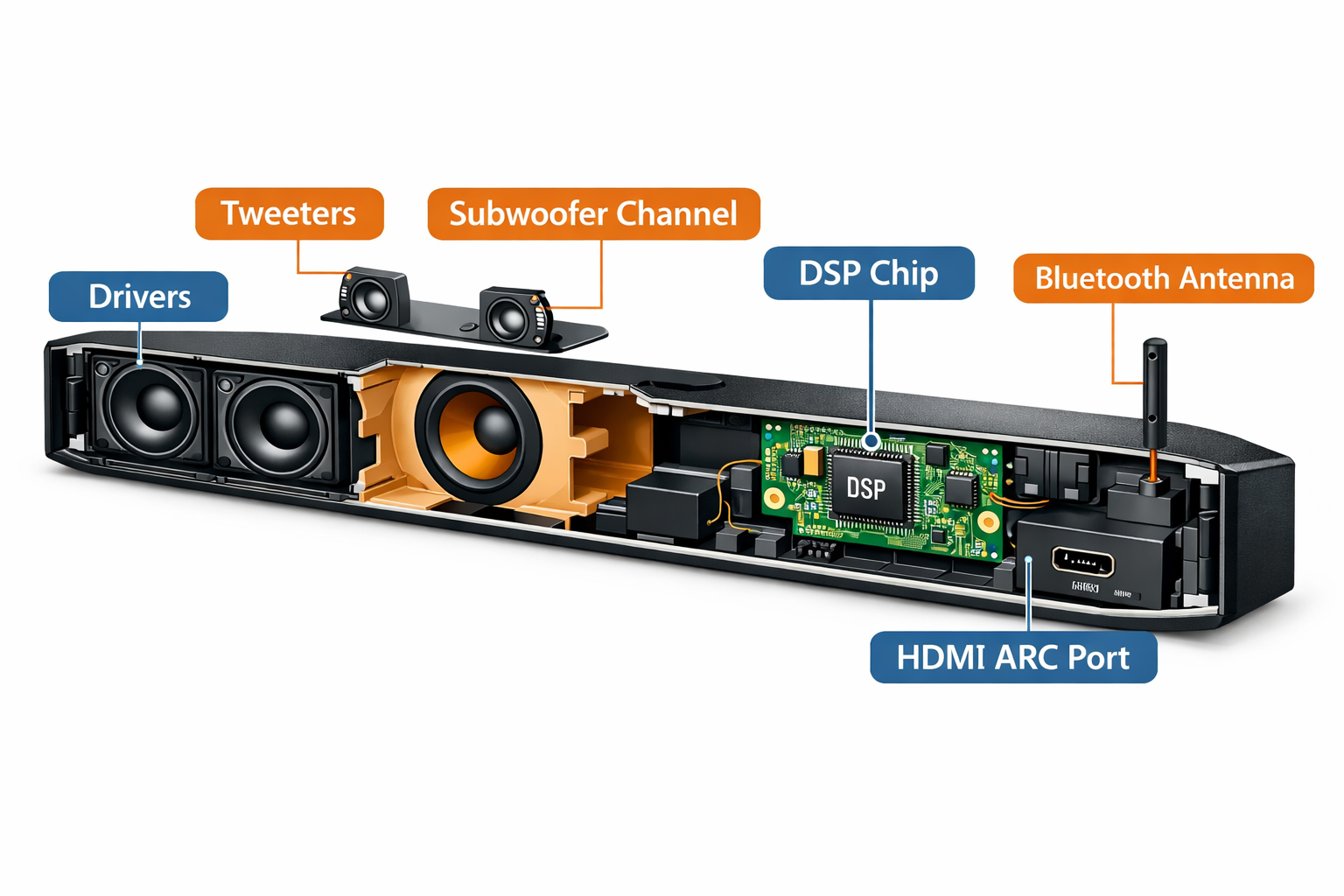 Detailed landscape format (1536x1024) infographic-style illustration showing a cross-section diagram of a soundbar with labeled components: drivers, tweeters, subwoofer channel, DSP chip, HDMI ARC port, and Bluetooth antenna. Clean white background with color-coded callouts in blue and orange. Technical yet accessible visual style, educational tone, soundbar anatomy focus for audio enthusiasts and first-time buyers. 