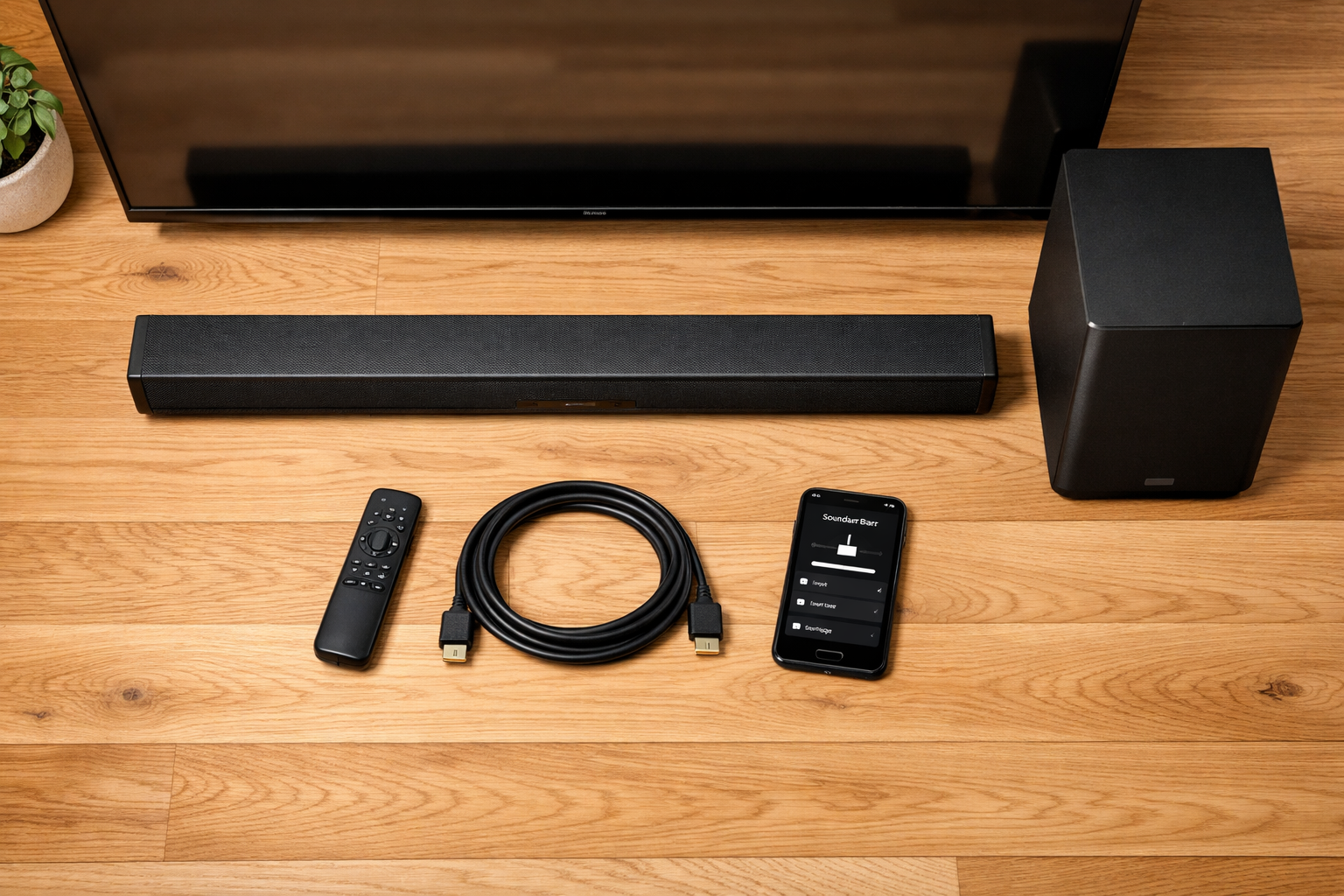 Landscape format (1536x1024) overhead flat-lay photograph of a living room soundbar setup: soundbar centered below TV, wireless subwoofer placed to the side, remote control, HDMI cable, and a smartphone showing a soundbar companion app. Warm natural lighting from above, styled on a light oak floor, lifestyle product photography aesthetic, home audio setup focus for practical buyers.
