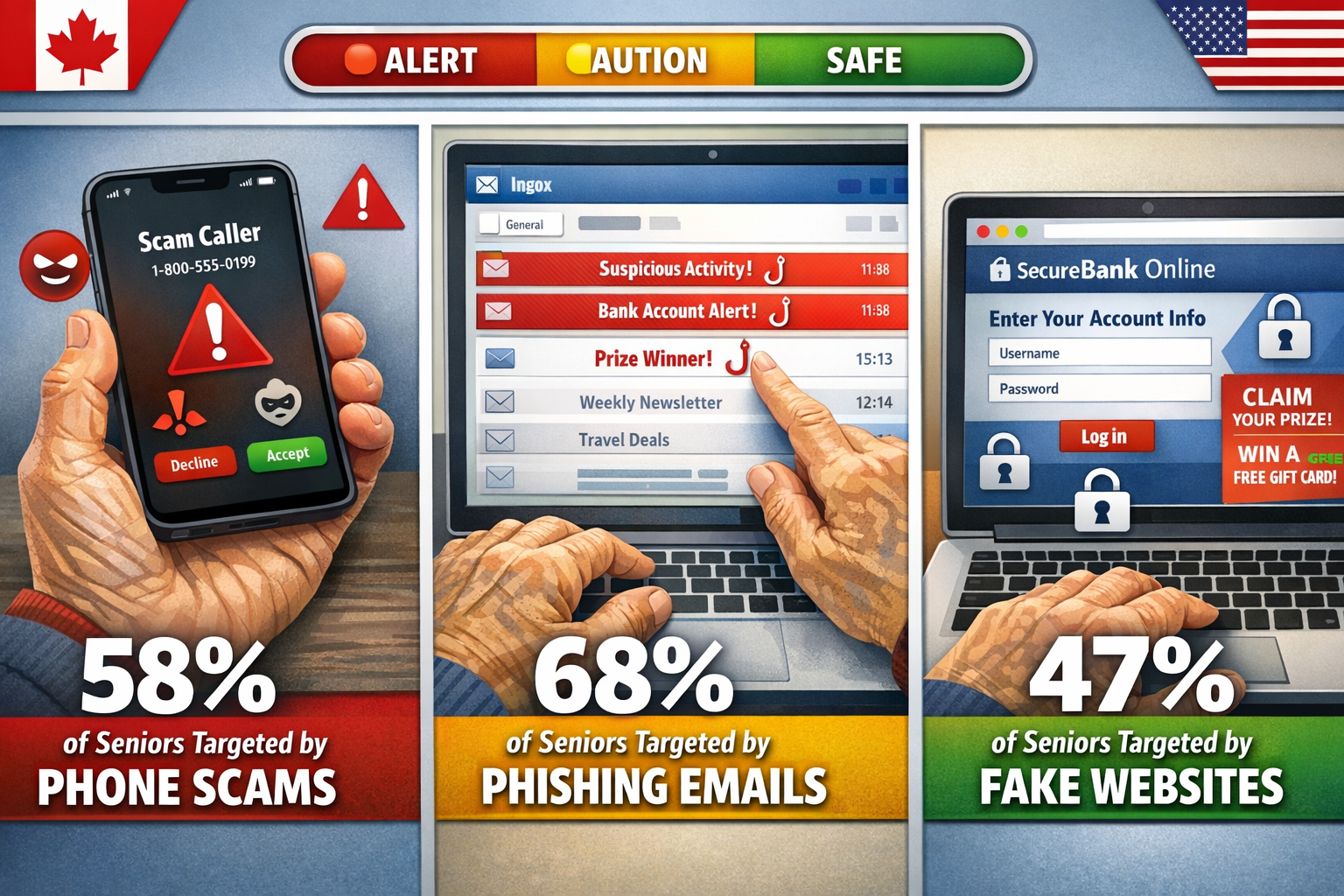 Detailed landscape infographic (1536x1024) showing three distinct panels: left panel displays smartphone with fake caller ID and red warning