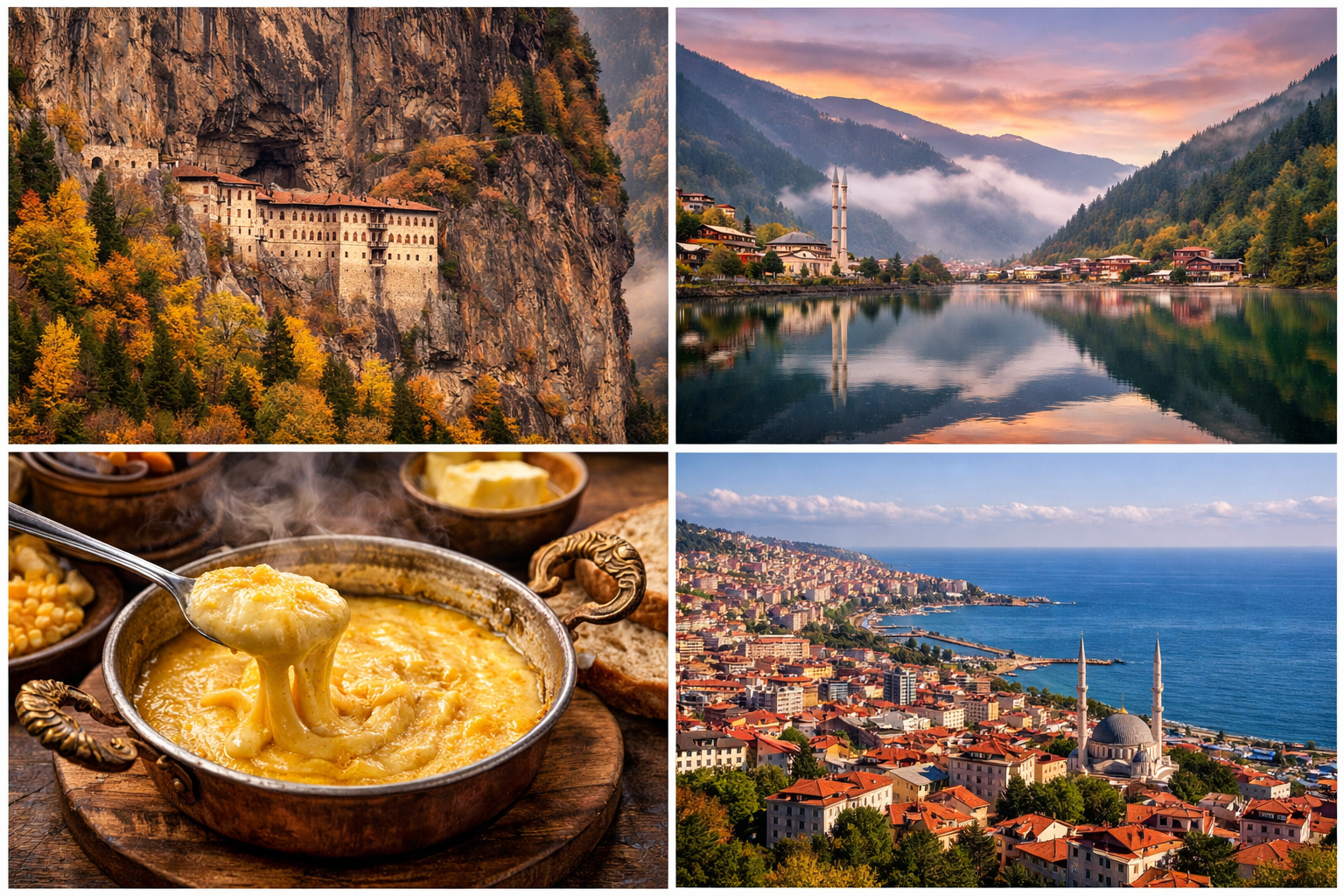 Detailed () editorial collage image representing Trabzon travel highlights: four-panel visual grid showing S&uuml;mela Monastery