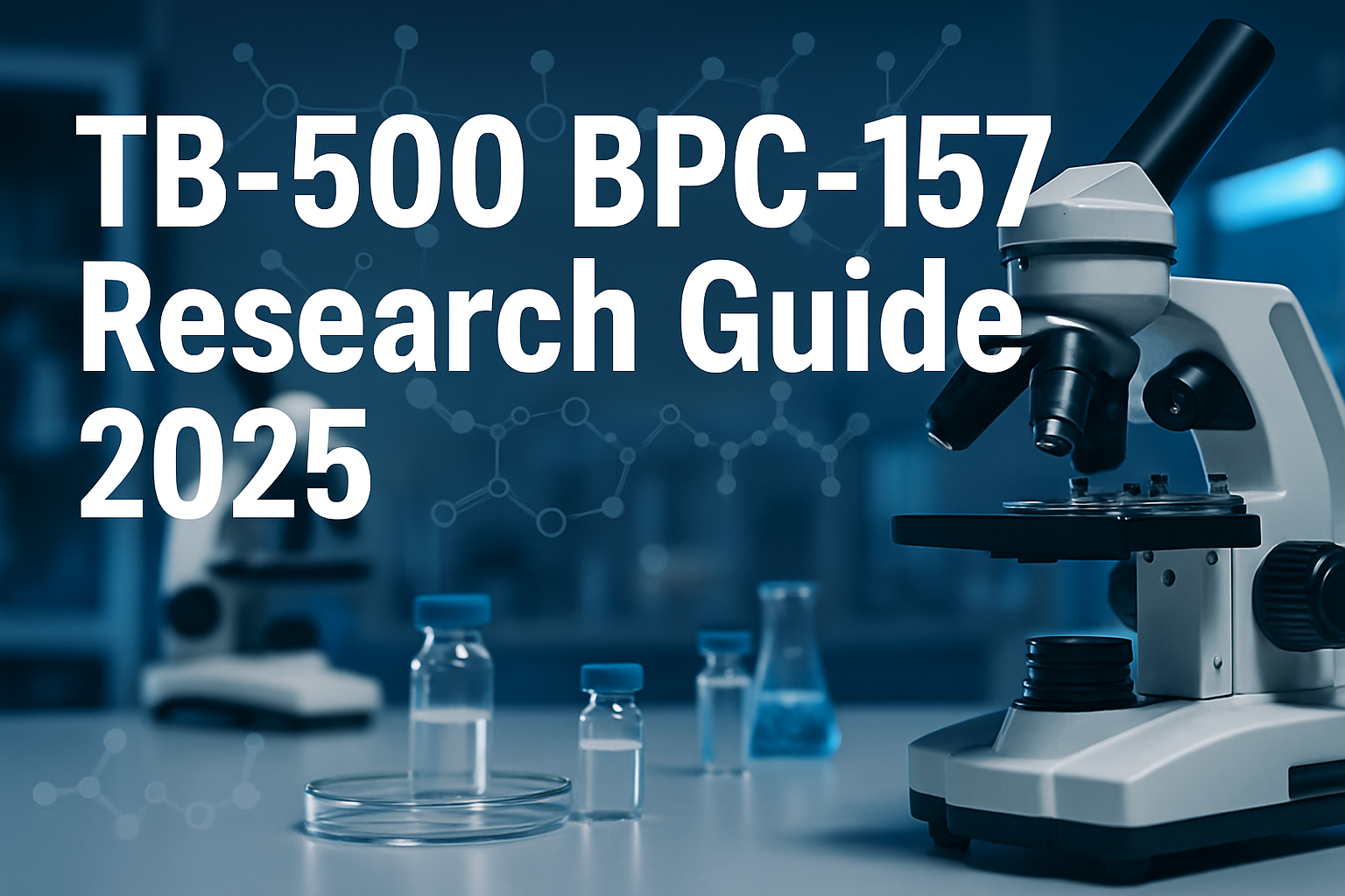 Professional landscape hero image (1536x1024) featuring bold text overlay 'TB-500 BPC-157 Research Guide 2025' in extra large 72pt white san