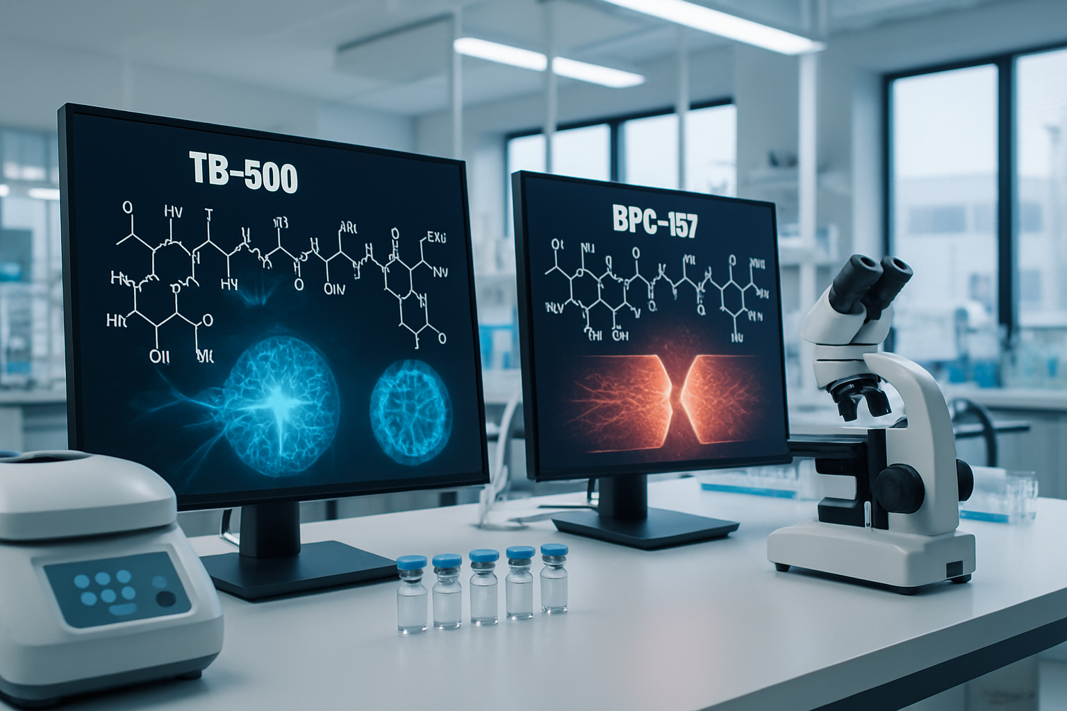 Scientific laboratory scene showing molecular structure diagrams of TB-500 and BPC-157 peptides on digital screens, with research equipment 