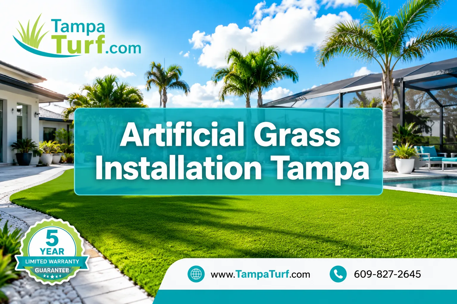 Professional () editorial hero image with SHORT : 'Artificial Grass Installation Tampa' in crisp white on a semi-transparent
