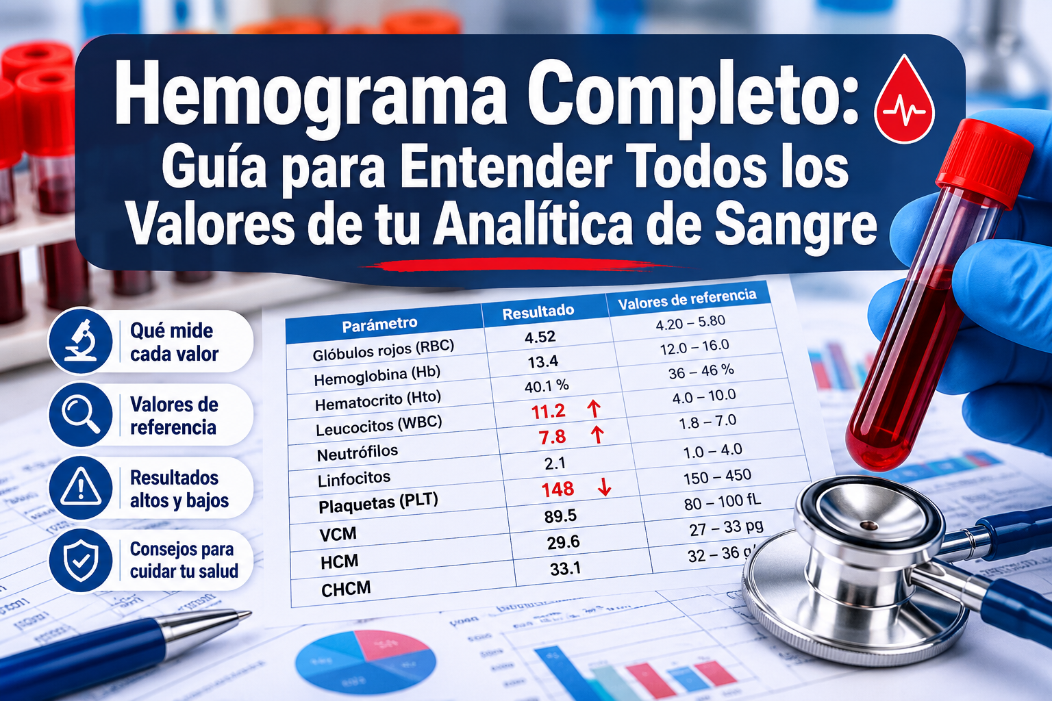 Professional () hero image with Spanish 'Hemograma Completo: Guía para Entender Todos los Valores de tu Analítica de Sangre'