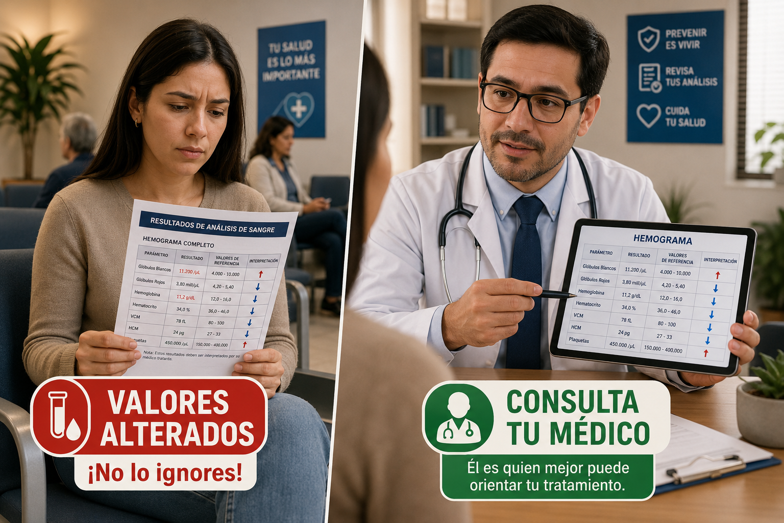 () split-scene image: left side shows a person sitting calmly in a medical waiting room holding a printed blood test result