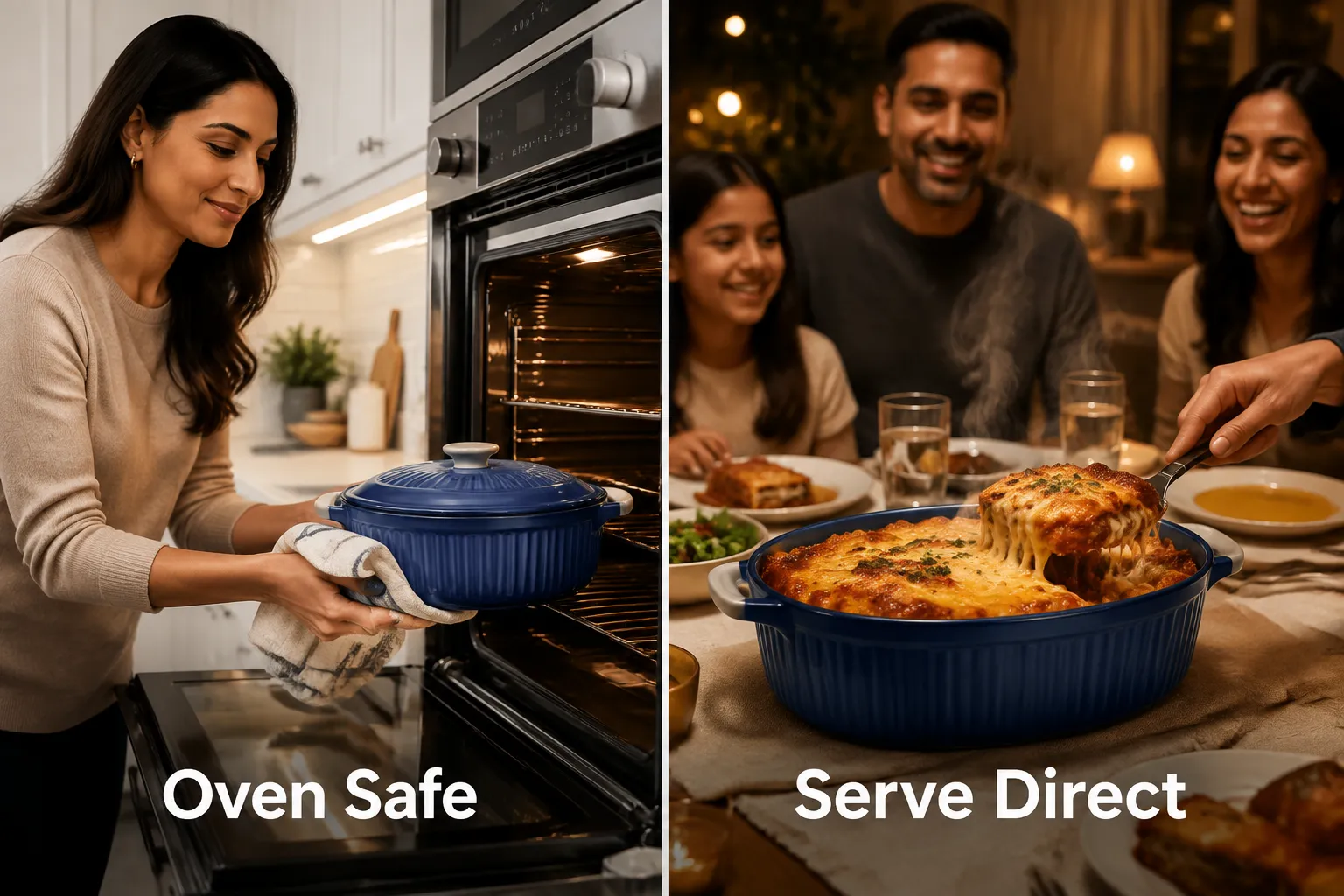 Split-screen editorial photograph (1536x1024): left half shows a bright modern kitchen with a woman of South Asian descent placing a blue ceramic casserole dish with lid into a stainless oven, warm kitchen lighting, confident and relaxed expression; right half shows the same casserole dish set on a dining table being served at a family meal, steam rising, golden-brown lasagna visible, warm amber tones. Bold vertical dividing line in the center. Labels: left side 'Oven Safe', right side 'Serve Direct', each label in 4-word bold white sans-serif with 8% safe margins. High-contrast magazine composition. Temptations Baking Pan Set Reviews and Ratings