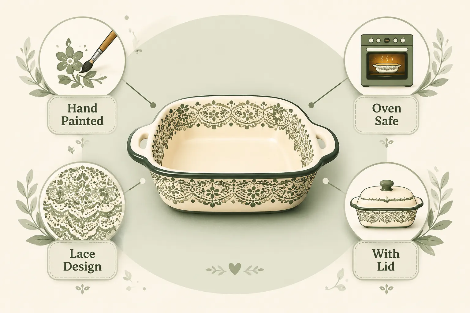 Symbolic conceptual illustration (1536x1024) in a clean infographic style: a large ceramic baking pan in the center with four illustrated icons radiating outward, each with a short 2-word label — 'Hand Painted', 'Oven Safe', 'Lace Design', 'With Lid' — connected by thin lines, soft pastel background in cream and sage green, flat vector style with subtle drop shadows, bright and airy, Pinterest-worthy educational graphic, no tables or pricing grids, all text well within 8% safe margins. Temptations Baking Pan Set Oven Temperature Limits and Heat Distribution