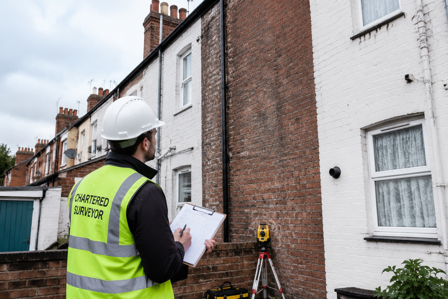 Wide-angle editorial photograph of a professional chartered surveyor in a hard hat and hi-vis vest examining a shared brick
