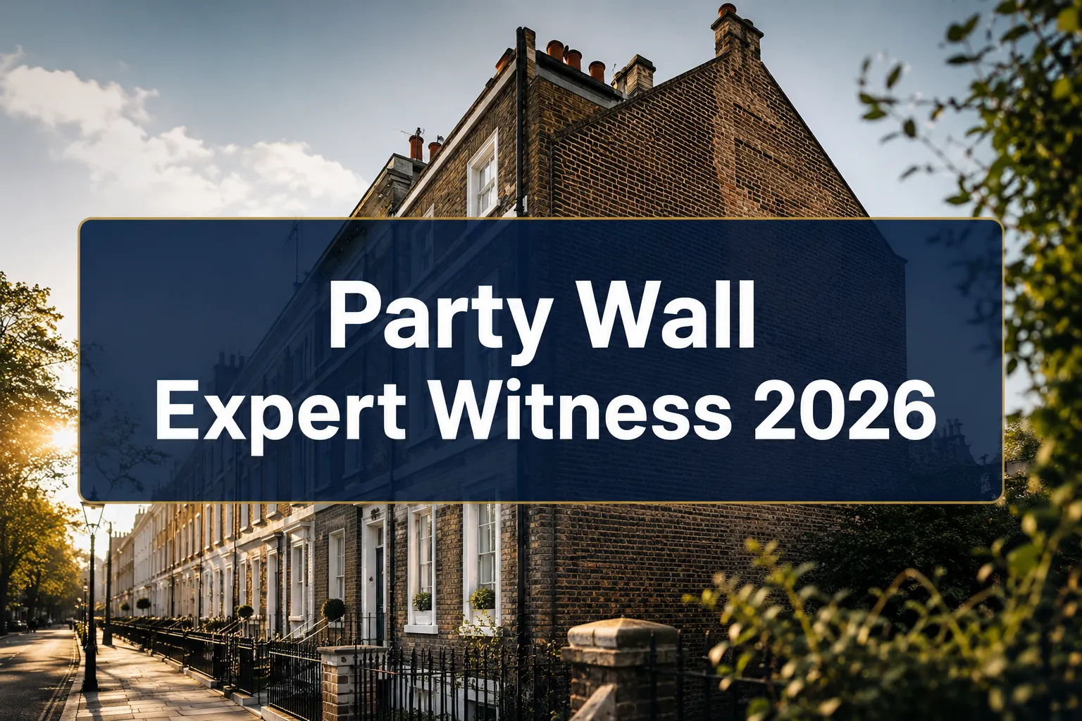 Professional () hero image with (≤42 chars): 'Party Wall Expert Witness 2026' in crisp white on a deep navy semi-transparent