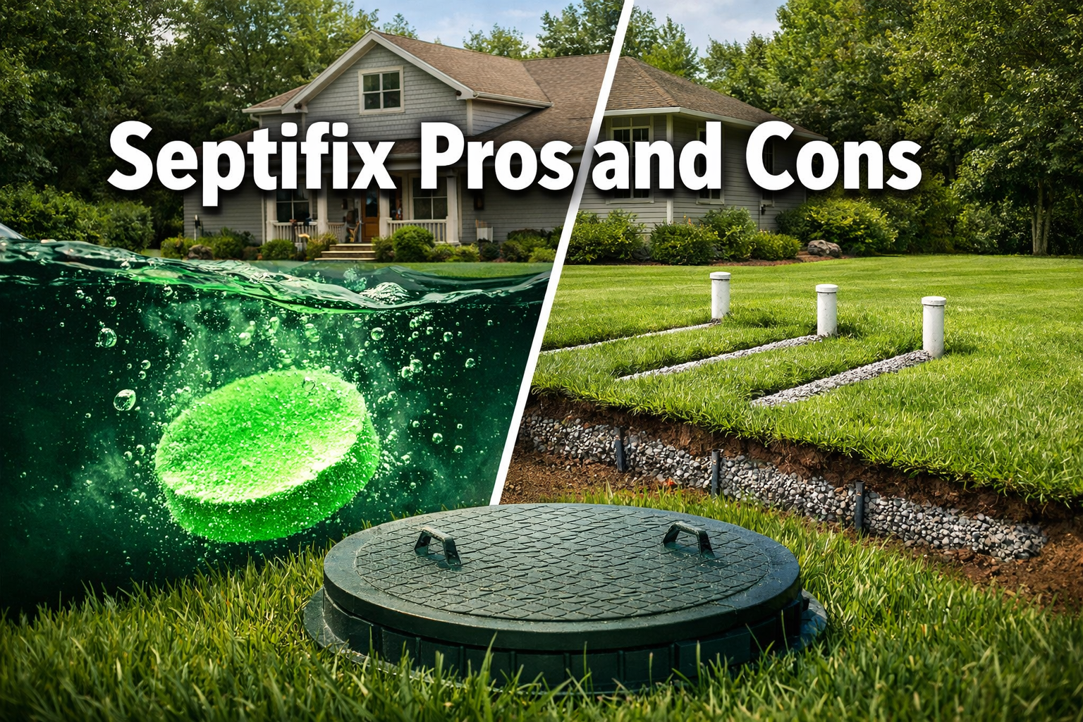 Professional () hero image with : 'Septifix Pros and Cons' in extra large white with dark drop , centered upper-third