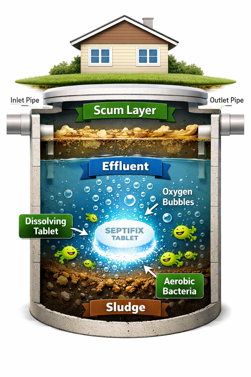 () detailed infographic-style illustration showing a cross-section diagram of a residential septic tank with labeled layers: