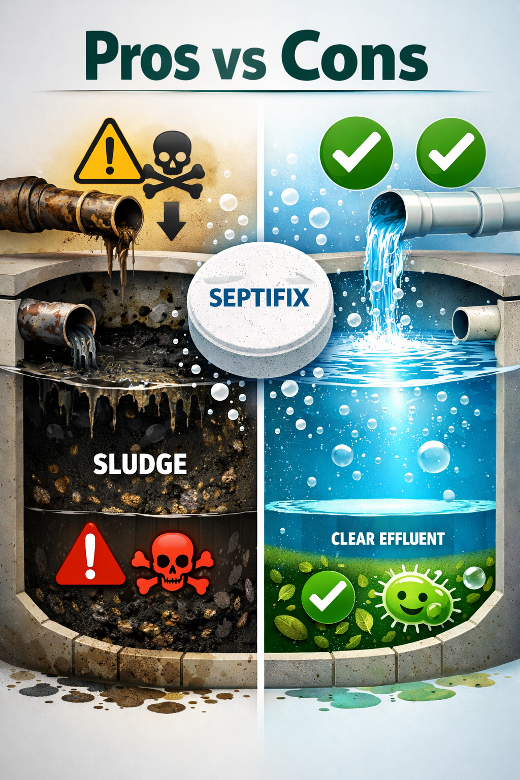 () split comparison visual showing two septic tank scenarios side by side: left panel shows a neglected tank with dark