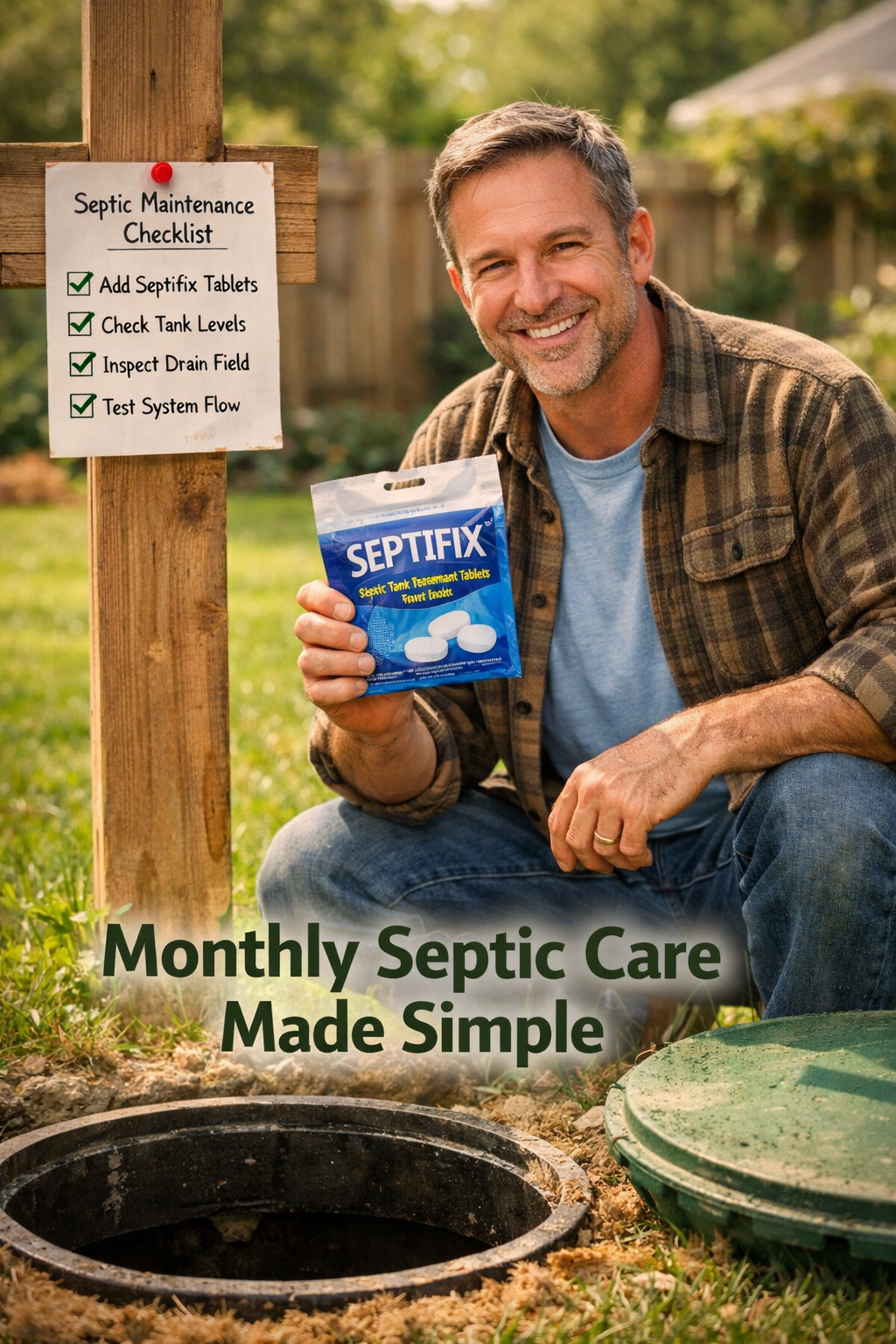 () lifestyle-focused image of a homeowner in casual clothing kneeling beside a septic tank access point in a sunny backyard,