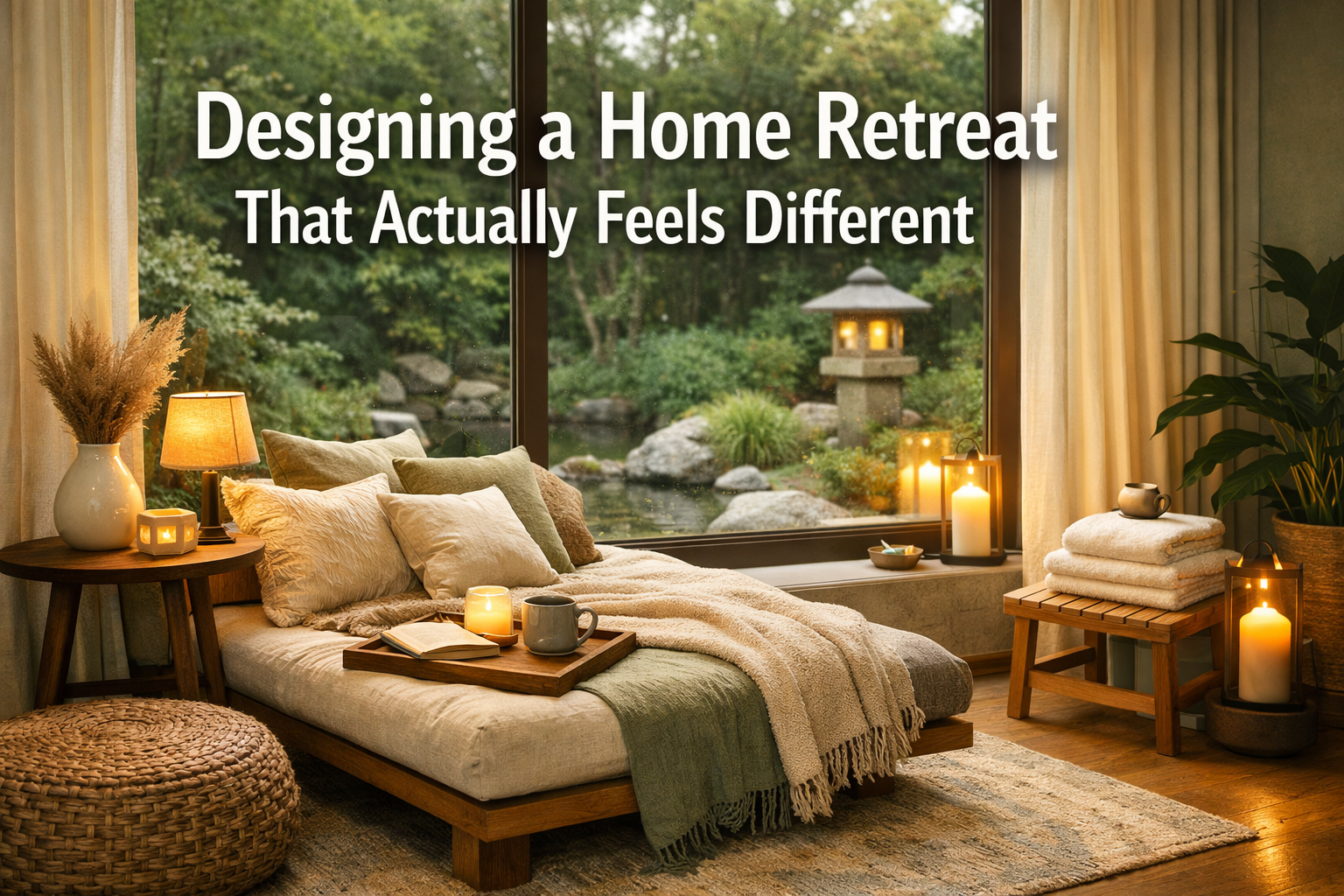 Professional landscape format (1536x1024) hero image featuring bold text overlay 'Designing a Home Retreat That Actually Feels Different' in