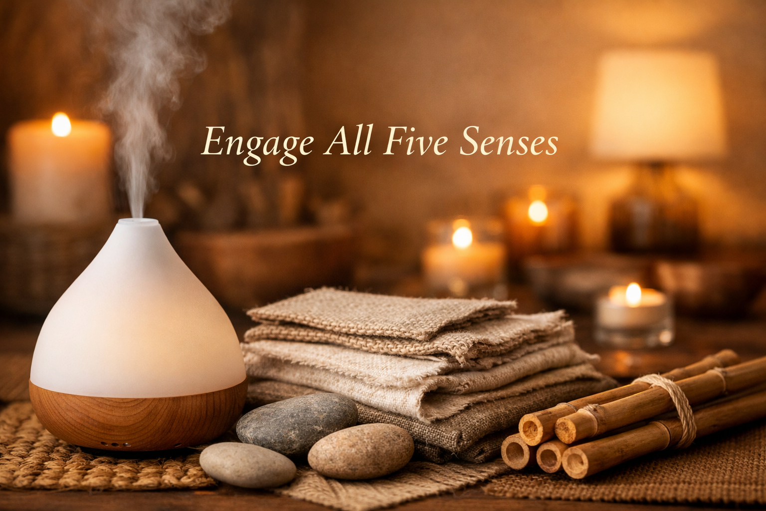 Landscape format (1536x1024) editorial image showing sensory design elements for home retreats: foreground features aromatic essential oil d