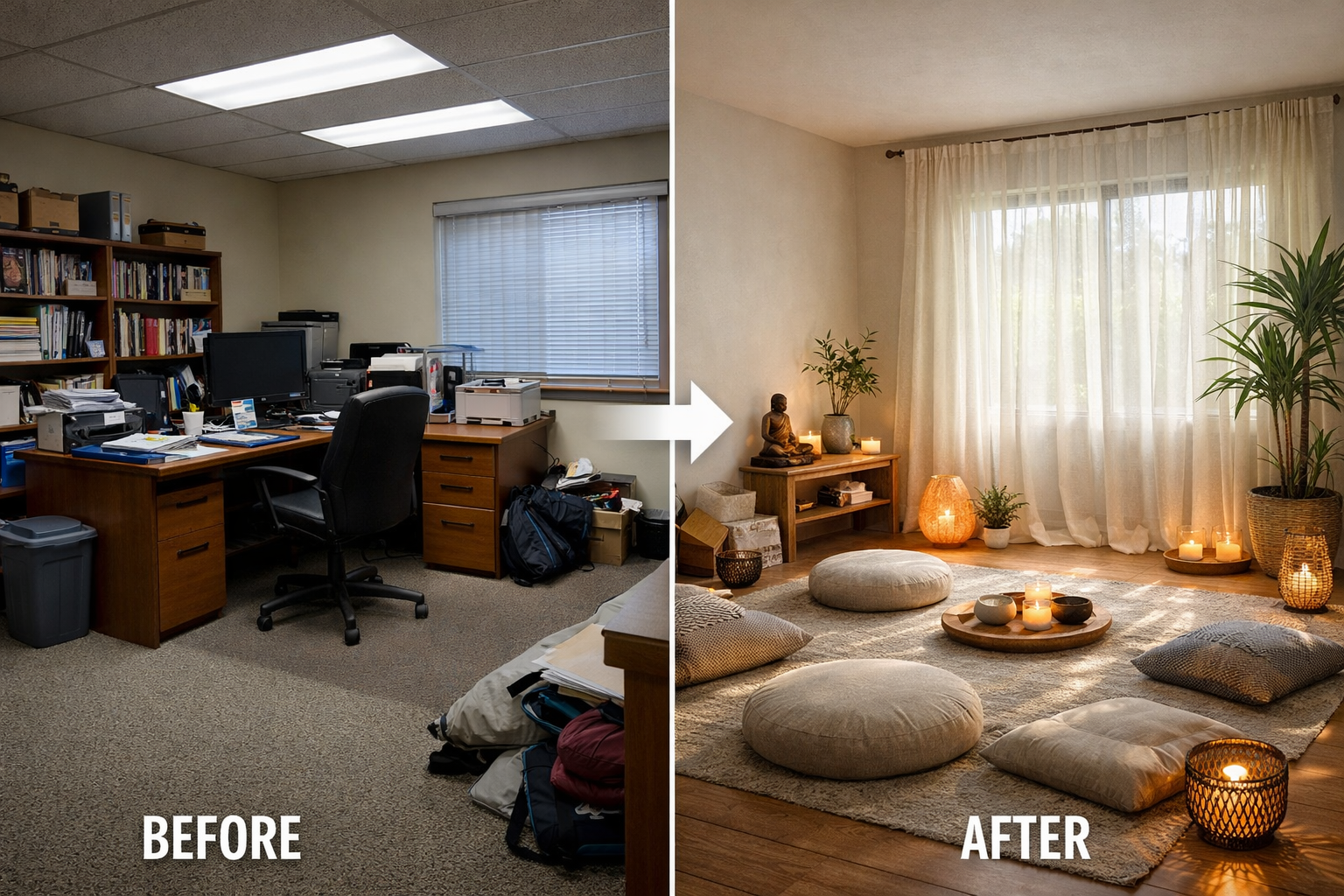 Landscape format (1536x1024) detailed interior photograph showcasing transformation of ordinary room into retreat space: split-screen compos