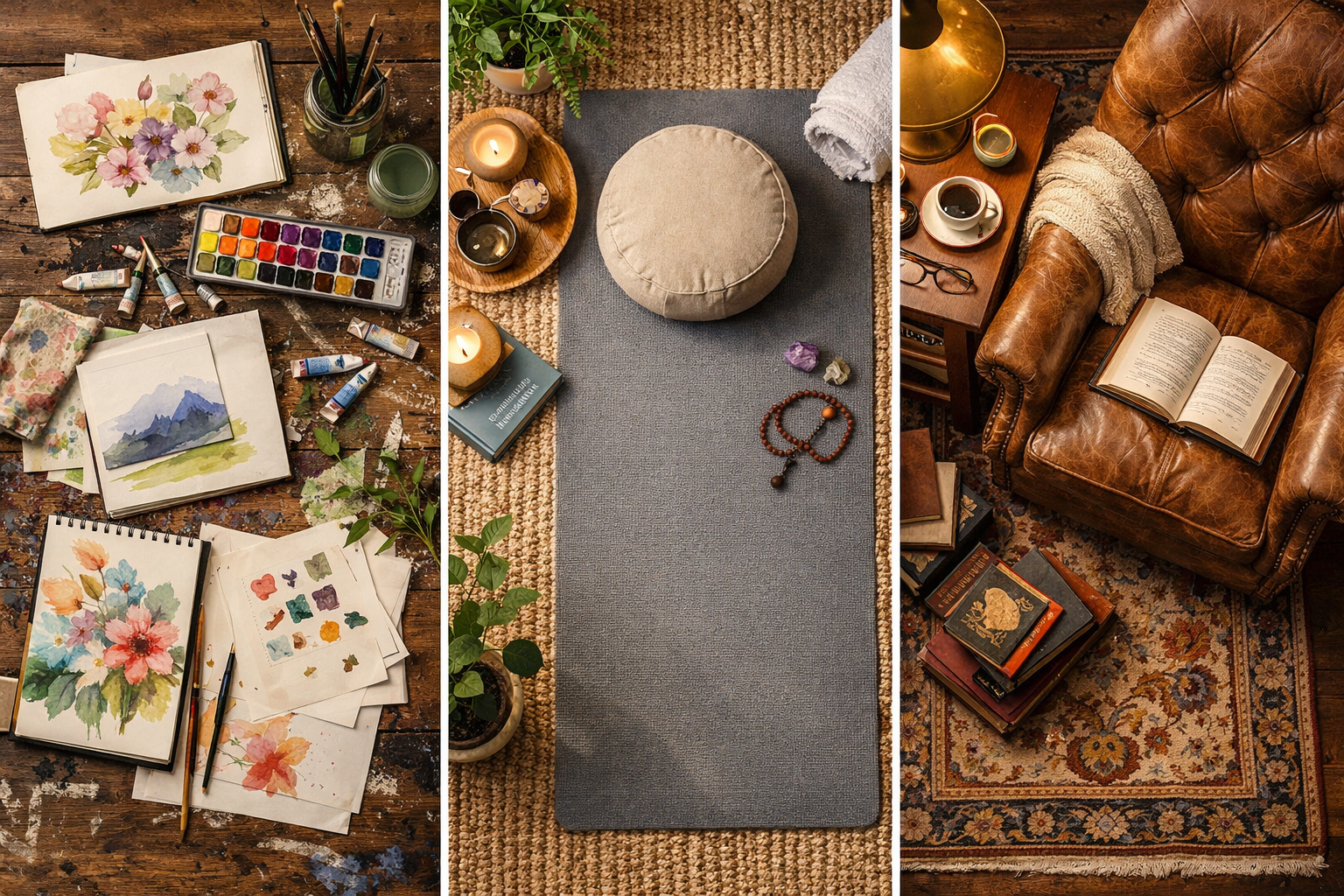 Landscape format (1536x1024) lifestyle editorial image of personalized home retreat zones: overhead flat-lay composition showing three disti