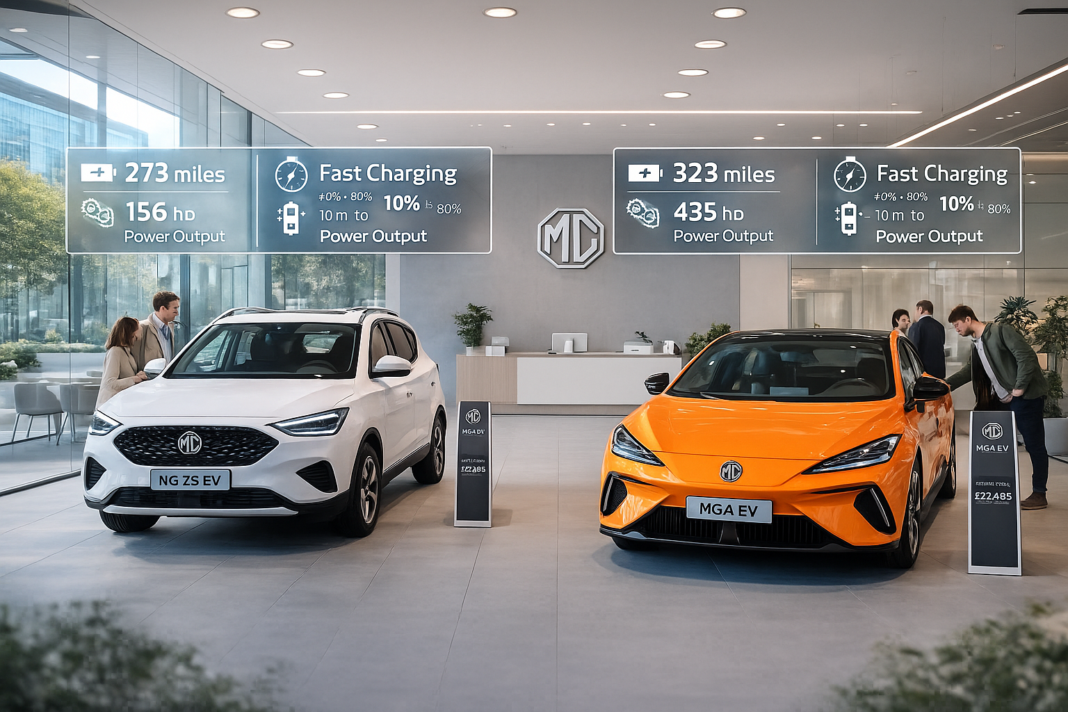 Detailed landscape image (1536x1024) showing MG ZS EV and MG4 EV side by side in modern showroom setting with transparent glass walls, natur