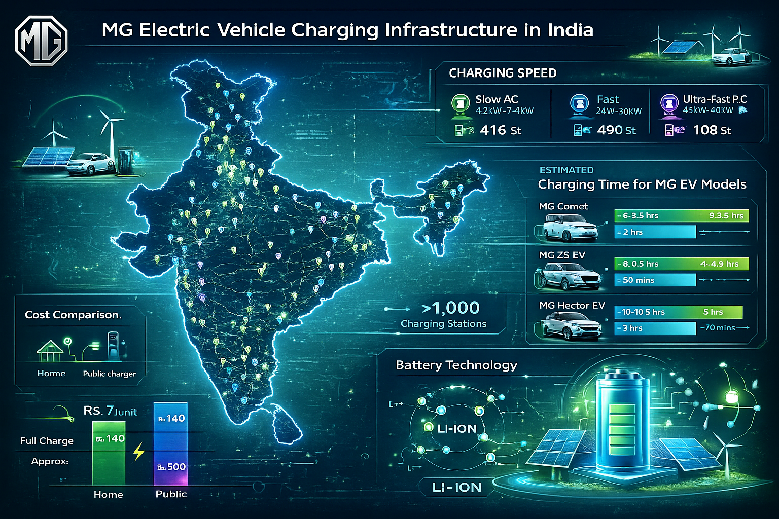 Comprehensive landscape infographic (1536x1024) displaying MG electric vehicle charging infrastructure map of India with charging station lo