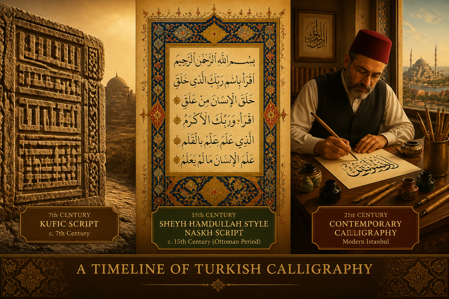 () editorial illustration showing a dramatic timeline of Turkish calligraphy history: left panel features angular Kufic