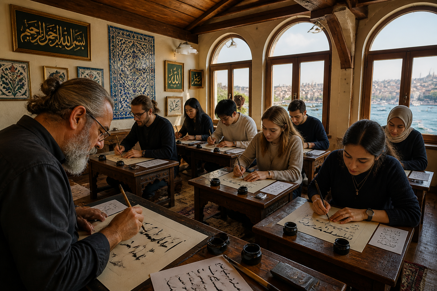 () vibrant workshop scene inside a traditional Istanbul studio with exposed wooden beams and arched windows overlooking the