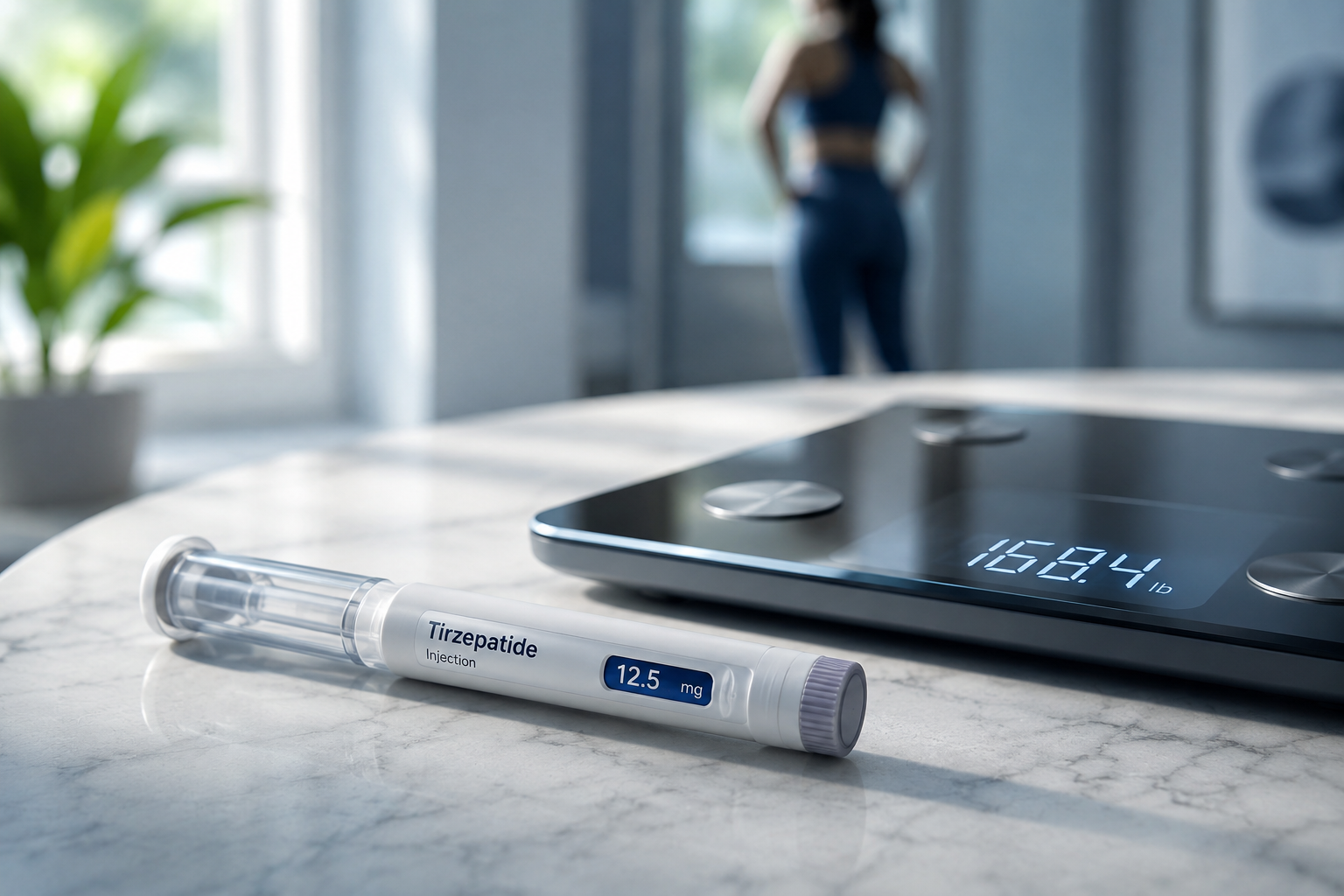 Professional () editorial hero image showing a close-up of a tirzepatide injection pen resting on a modern white marble