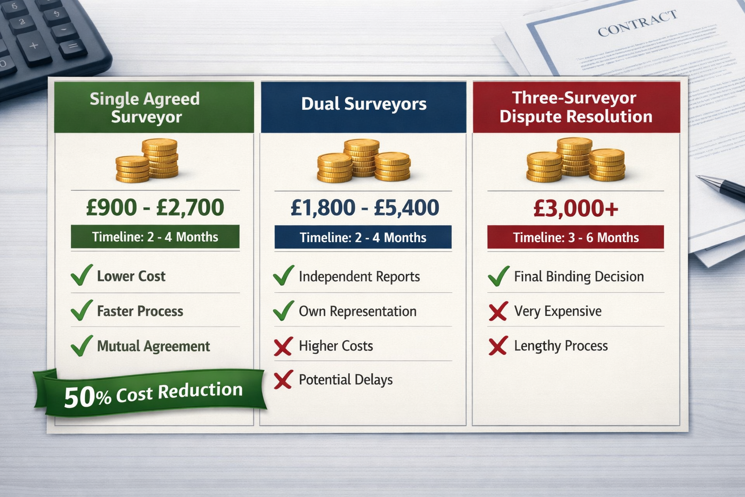 () detailed cost comparison infographic showing three columns: single agreed surveyor (£900-£2,700), dual surveyors
