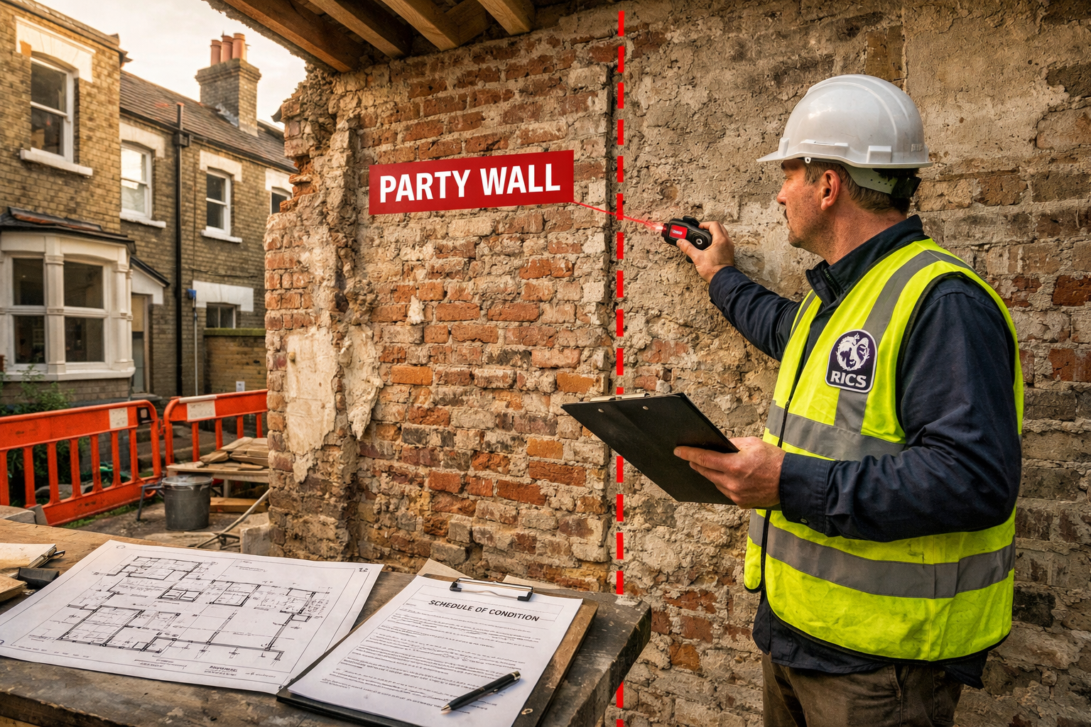 () urban London extension project scene showing side-return kitchen extension under construction with exposed party wall,