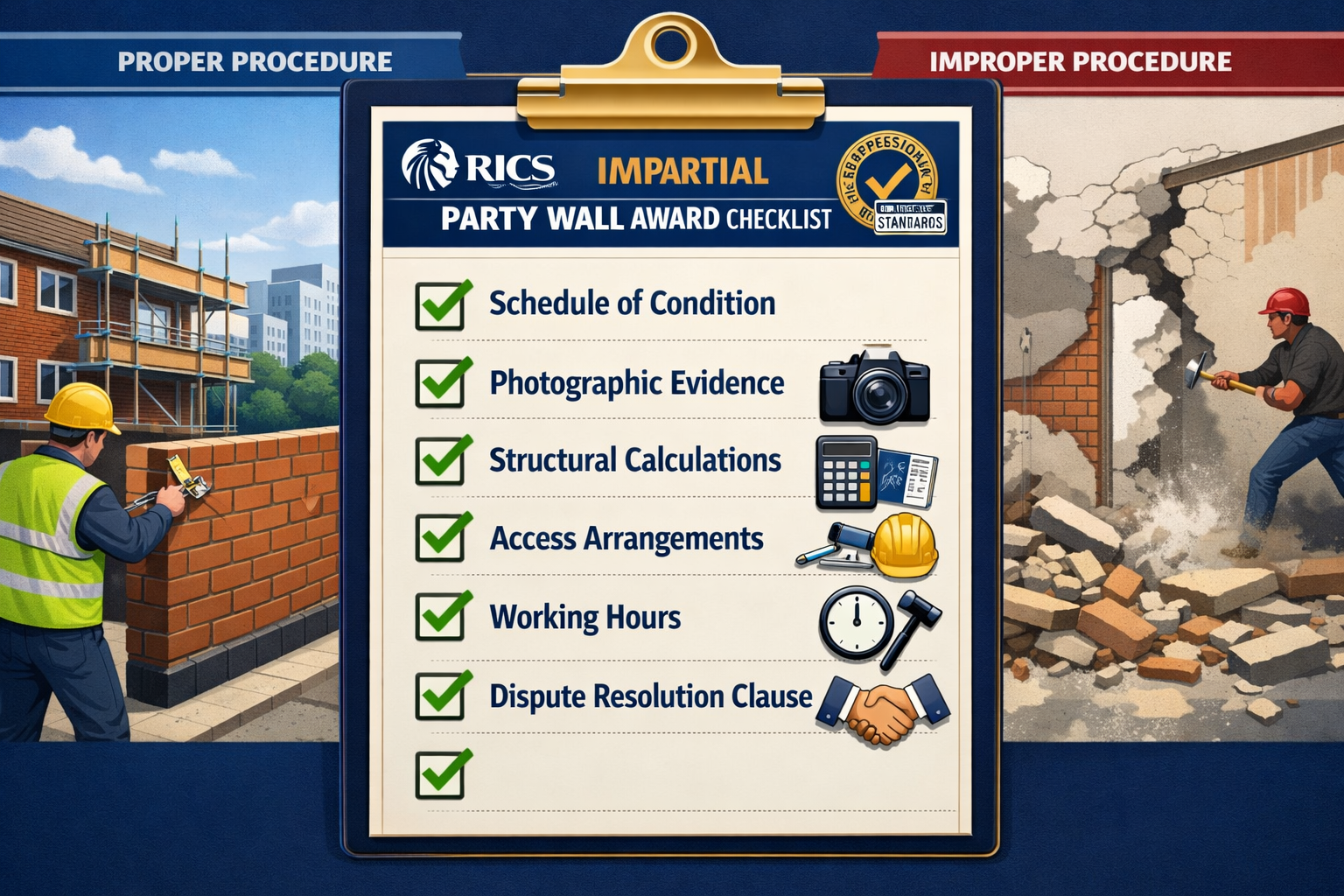 () professional checklist visualization for impartial party wall awards featuring large clipboard with detailed checklist