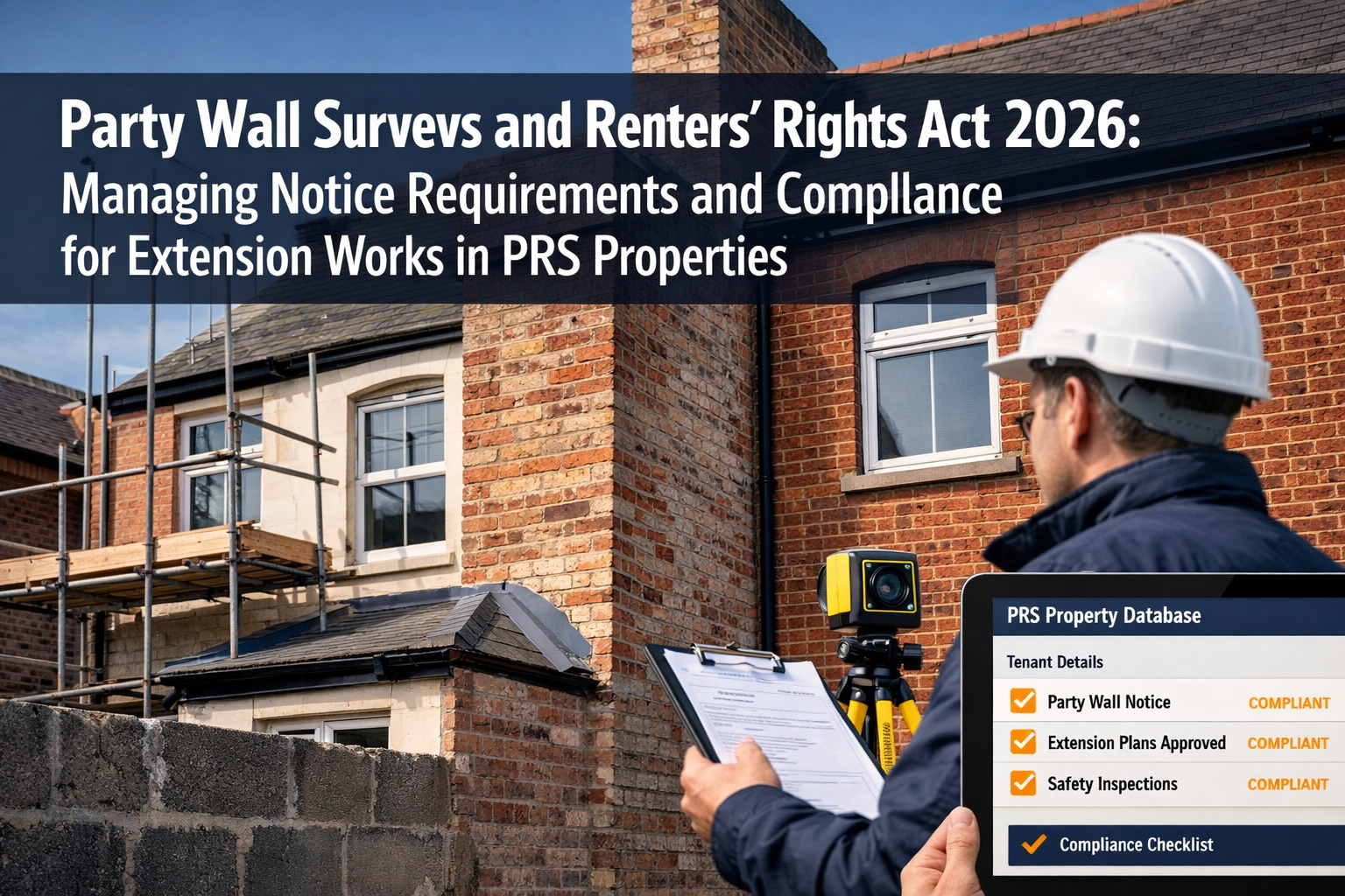 Professional () editorial hero image featuring 'Party Wall Surveys and Renters' Rights Act 2026: Managing Notice