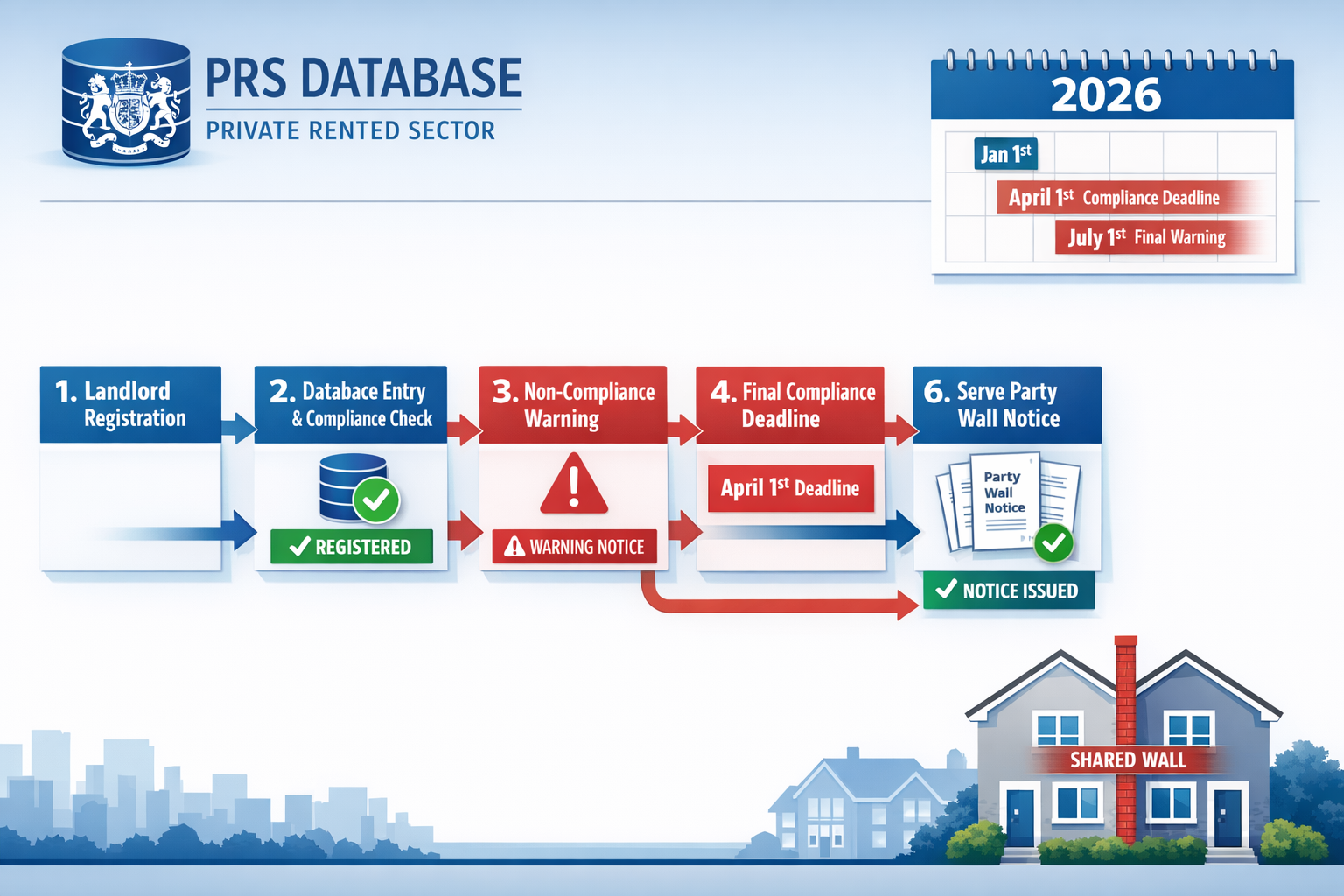 () detailed infographic showing the PRS Database registration workflow integrated with party wall notice requirements.