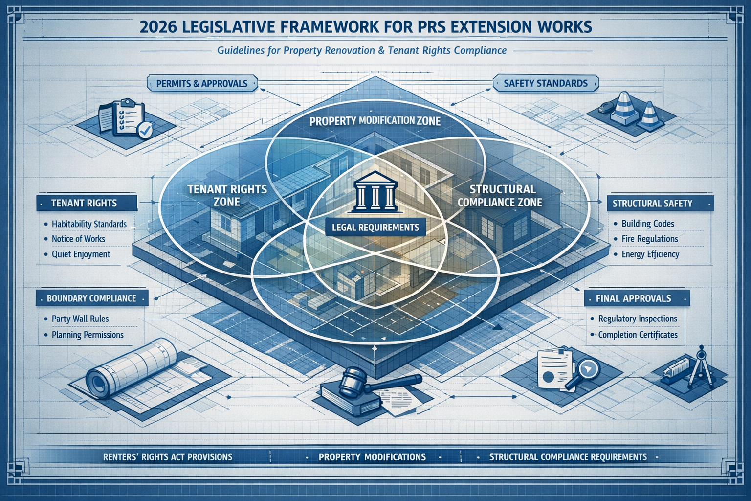 Detailed architectural infographic visualizing the 2026 Legislative Framework for PRS Extension Works, featuring a
