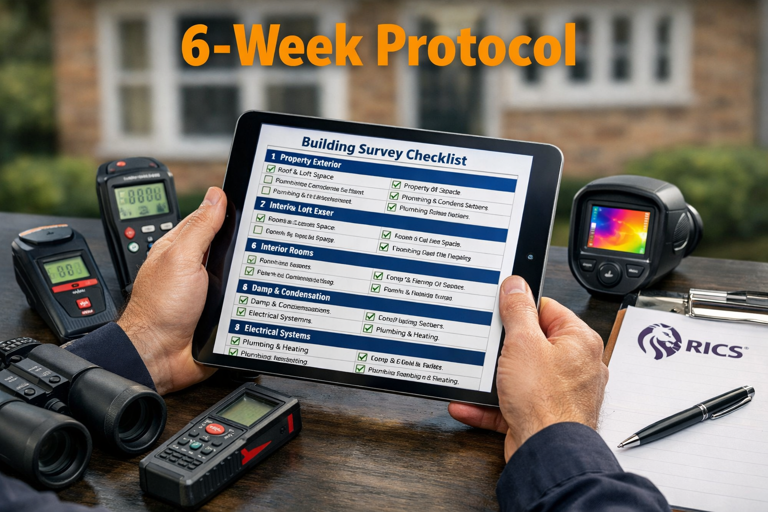 Detailed () image showing close-up of professional RICS surveyor's hands holding digital tablet displaying comprehensive