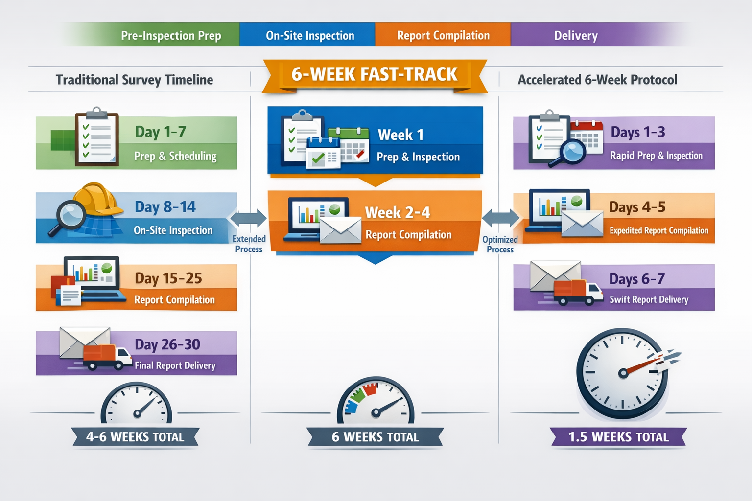 () infographic-style image displaying three-column comparison chart showing traditional survey timeline versus accelerated