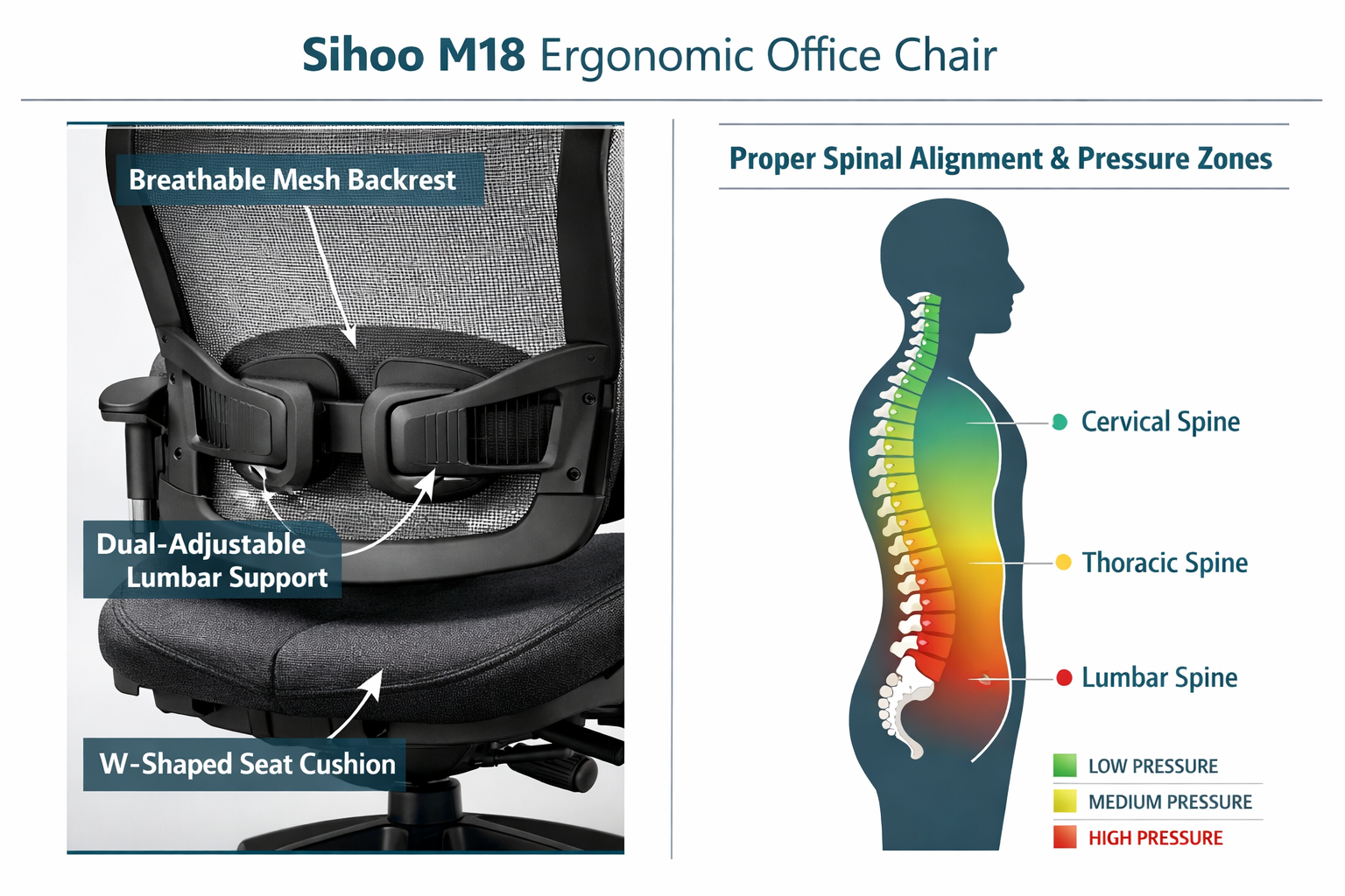 Sihoo M18 Ergonomic Office Chair Detailed landscape format (1536x1024) editorial infographic showing the Sihoo M18 Ergonomic Office Chair's key ergonomic features in a split-panel design. Left panel: close-up photograph of the chair's dual-adjustable lumbar support system, breathable polyester mesh backrest, and W-shaped sponge cushion with labeled callout arrows. Right panel: human spine silhouette diagram showing proper spinal alignment zones (cervical, thoracic, lumbar) with color-coded pressure distribution overlay in green-to-red gradient. Clean white background, teal and charcoal color palette, professional infographic style