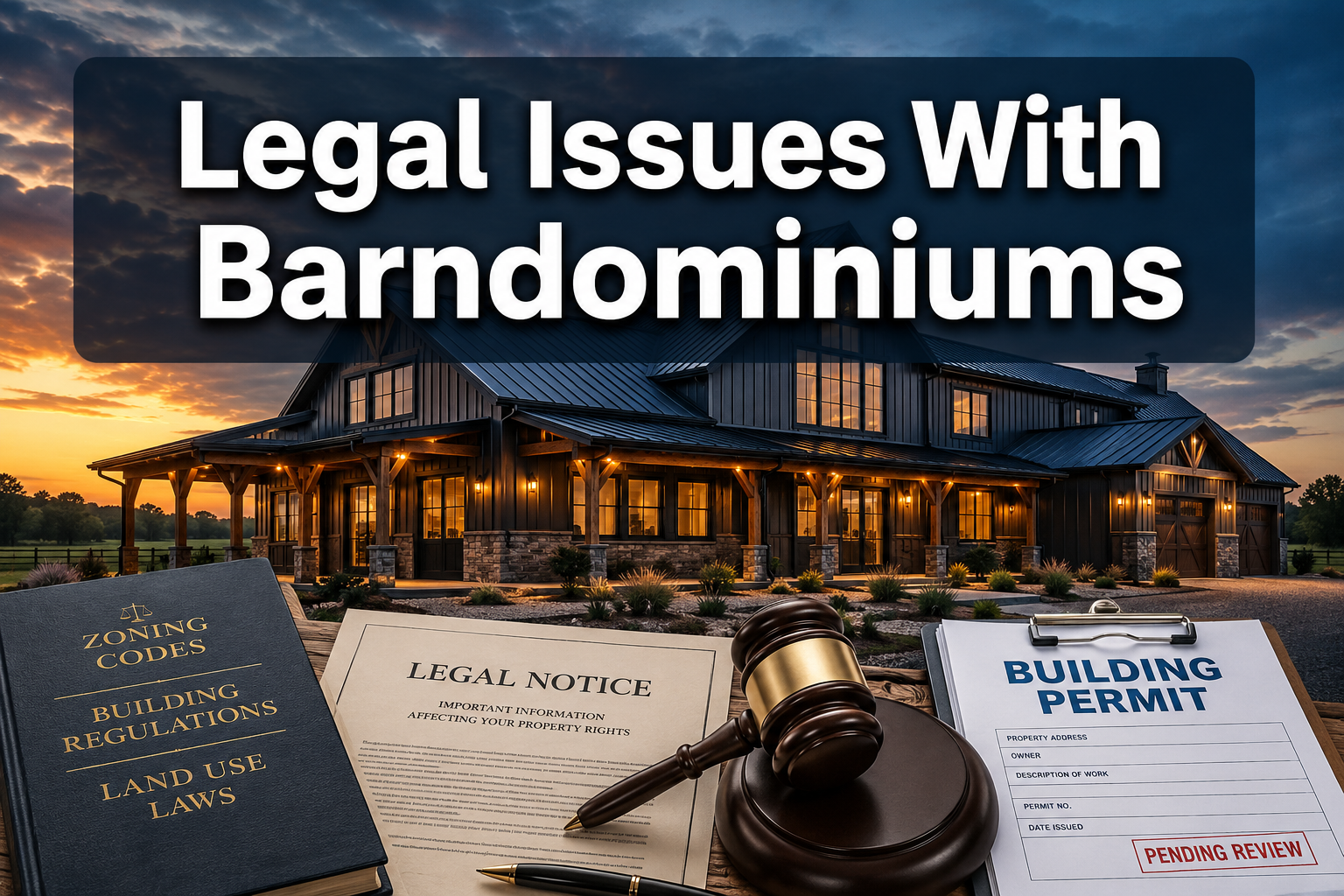 Professional () hero image with : 'Legal Issues With Barndominiums' in extra large white with dark drop , centered in upper